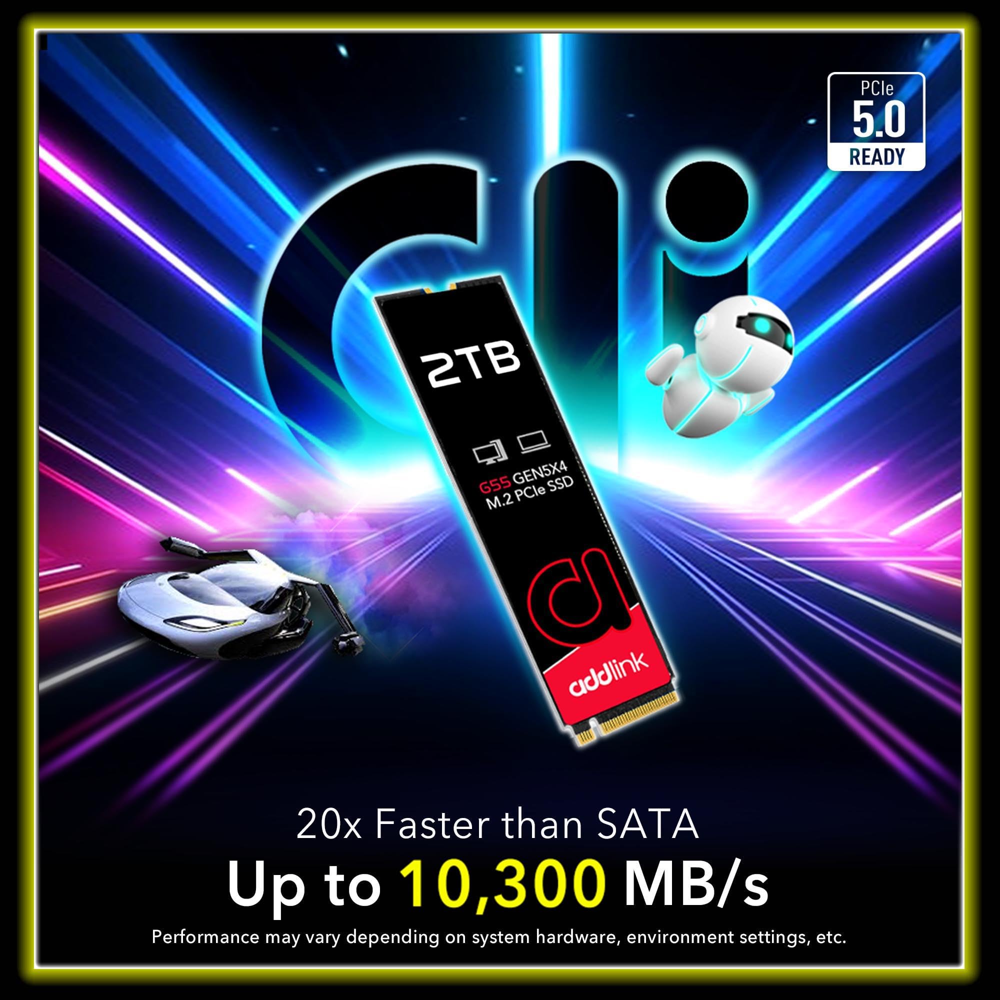 Addlink G55 2TB PCIe Gen5 NVMe M.2 SSD - Fino a 10.300 MB/s - Giochi, Fotografia, Editing Video & Design - Unità a stato solido interna (ad2TBG55M2P)