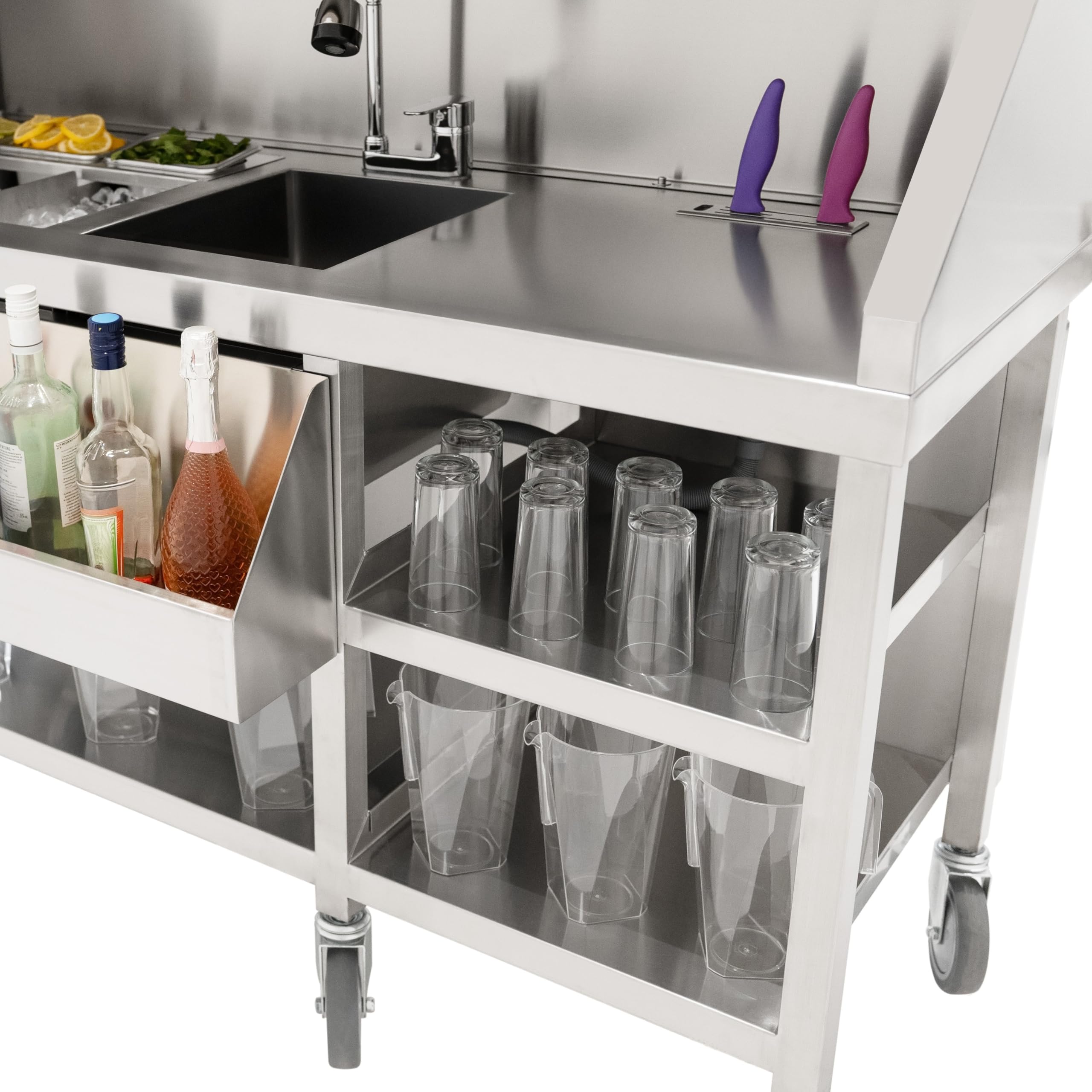 Postazione Mobile Cocktail Acciaio Inox Bancone Effetto Legno Ghiaccio Isolato 62L Lavello Integrato Mensole Doppio Livello Speed Rail Contenitori Gastro Portacoltelli Lavagna Magnetica e Shaker