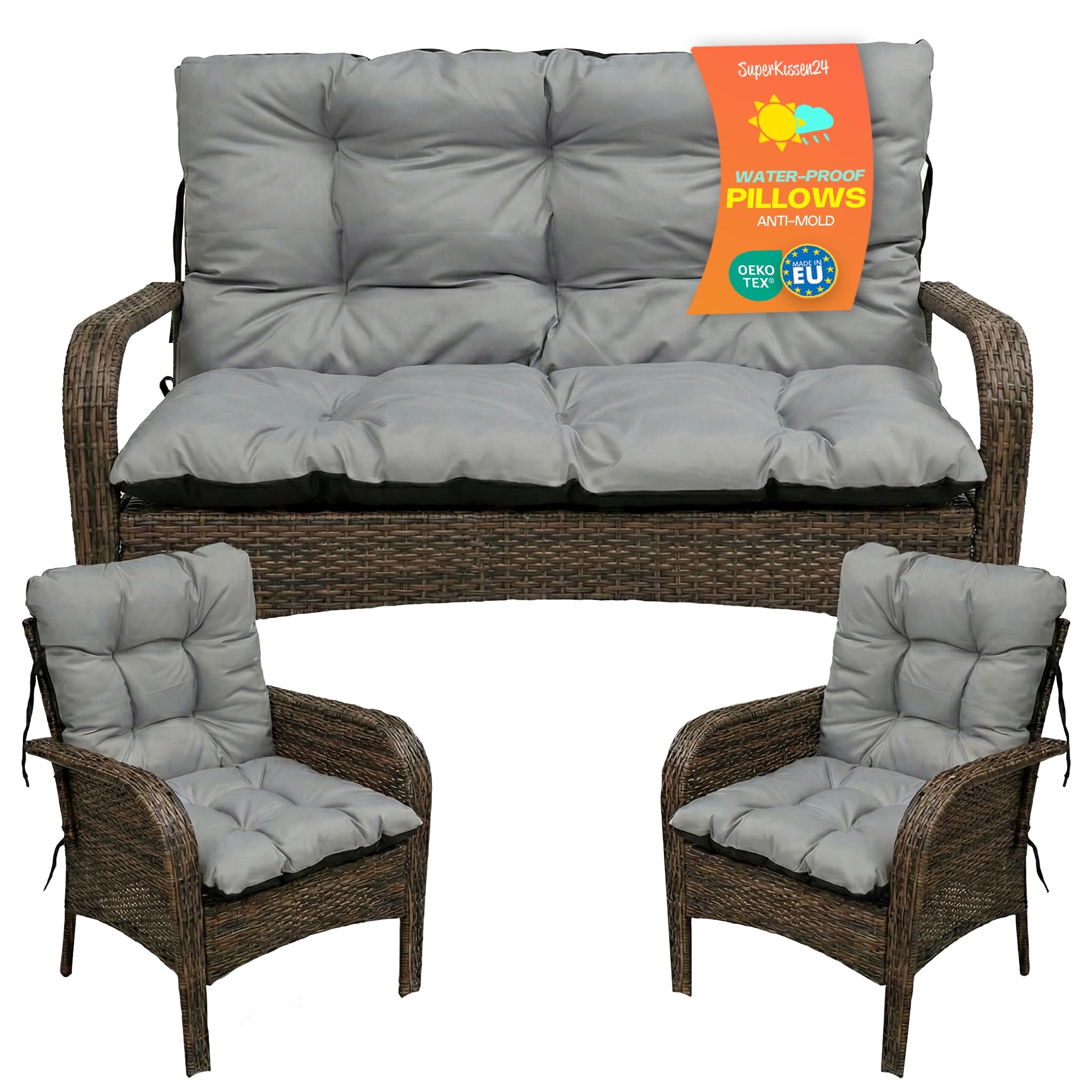 SuperKissen24. Cuscino Lungo per Panchina da Giardino 100x50 cm con Schienale 100x60 cm per Panca da Esterno ed Interno e Due Cuscini per Sdraio 48x96 cm - Grigio