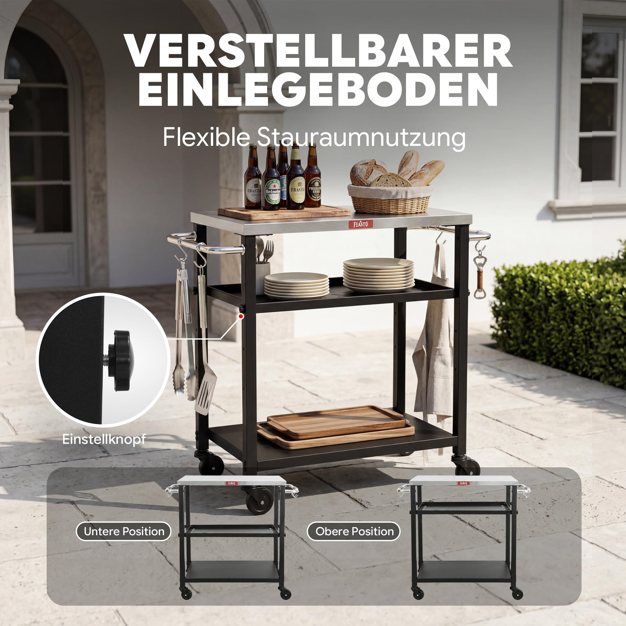 Grillwagen Outdoor Grilltisch Outdoor wetterfest Pizzatisch Servierwagen | 87,5x41x84cm mobile outdoor-Küche mit Edelstahlplatte, höhenverstellbarer Mittelregal, für Terrasse, Küche