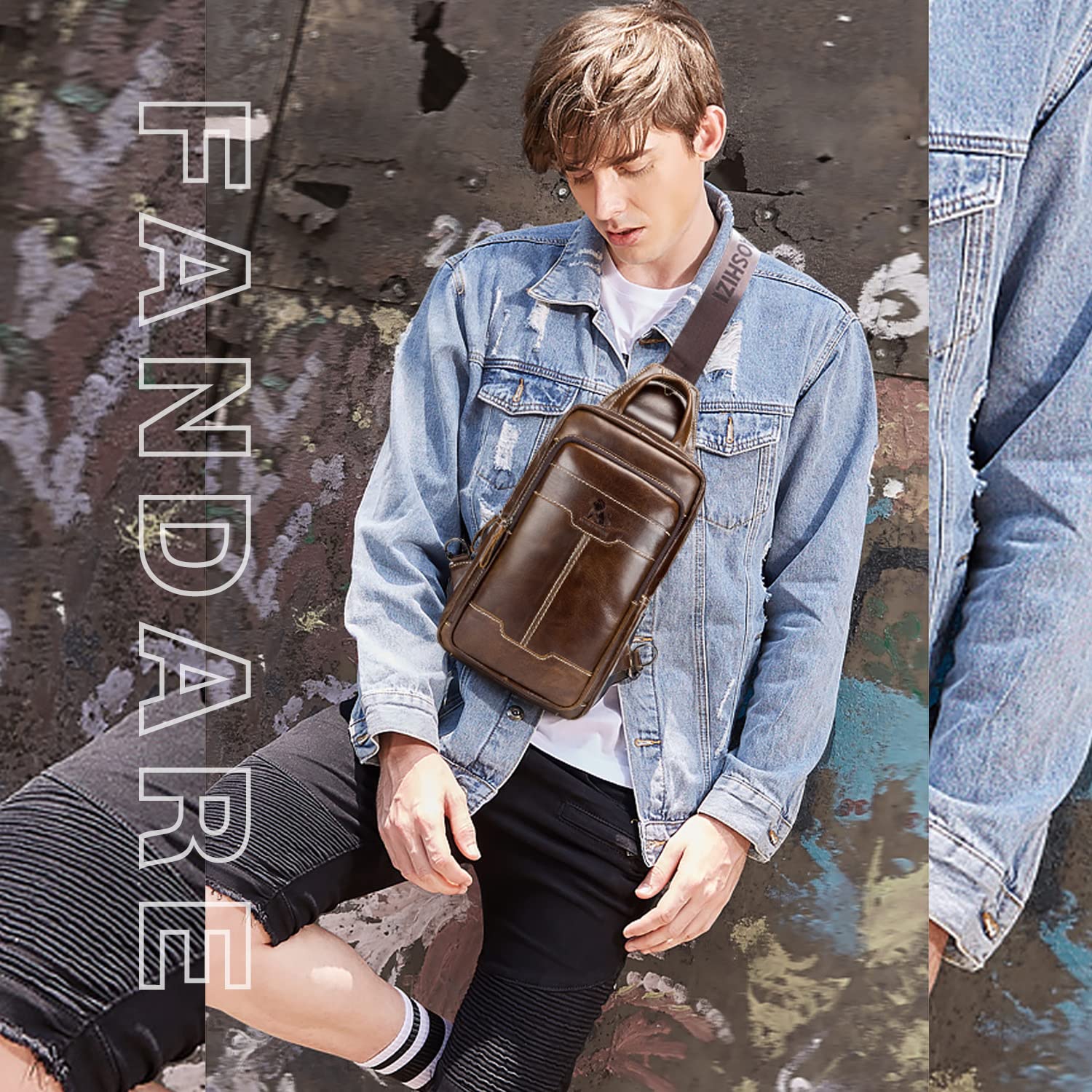 FANDARE Zaino A Tracolla In Vera Pelle Per Uomo, Stile Vintage Con Cintura Regolabile, Borsa A Tracolla Toracica Per Escursionismo, Ciclismo, Viaggi E Campeggio