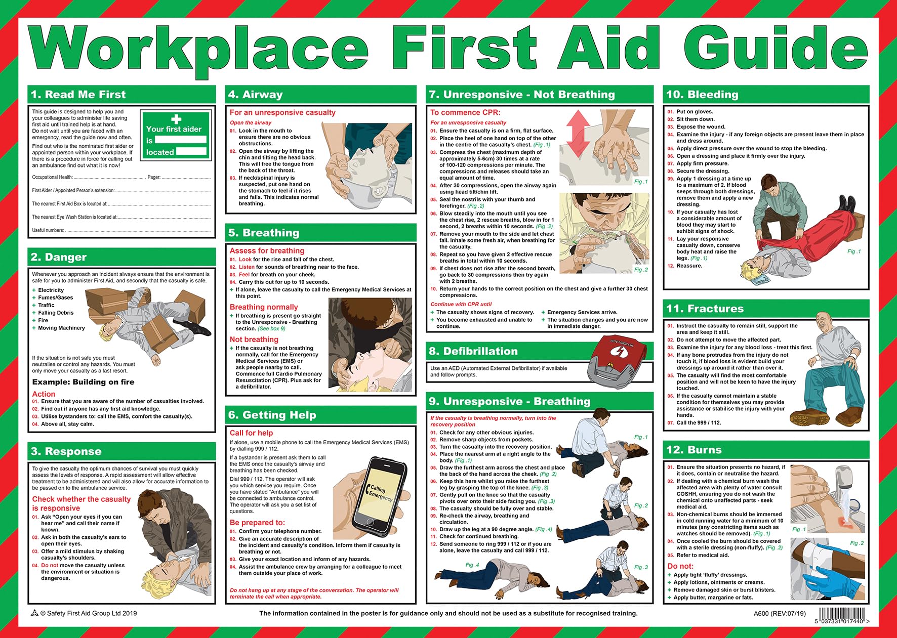 Safety First Aid, Affiche plastifiée, instructions de premiers secours sur le lieu de travail (français non garanti)