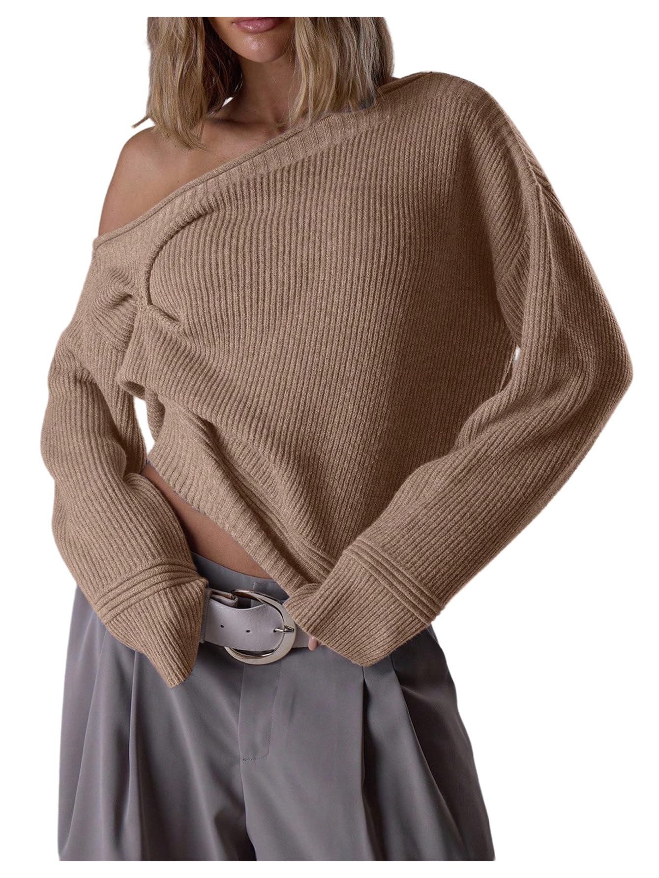 SOLY HUX Womens Off The Shoulder Cropped Sweater Ruched Asymmetrical Long Sleeve Knit Going Out Tops