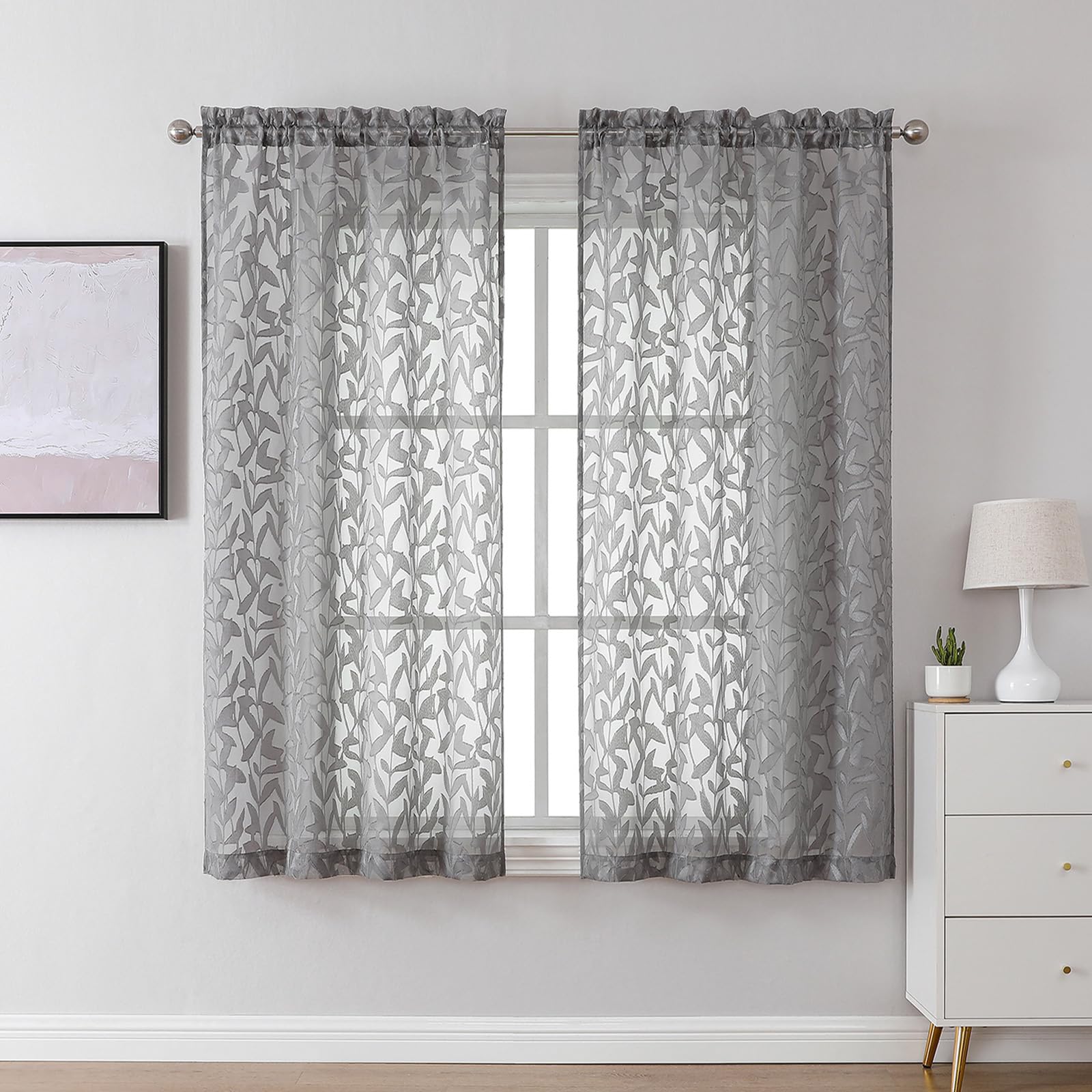 Lecloud Leia Charcoal Grey Sheer Curtains 45 Inch Length 2 Panels, Elegant Balance Light & Privacy Jacquard Textured Leaf Curtains, Dual Rod Pockets Drapes for Bedroom Living Room, 30" W x 45" L — image 1