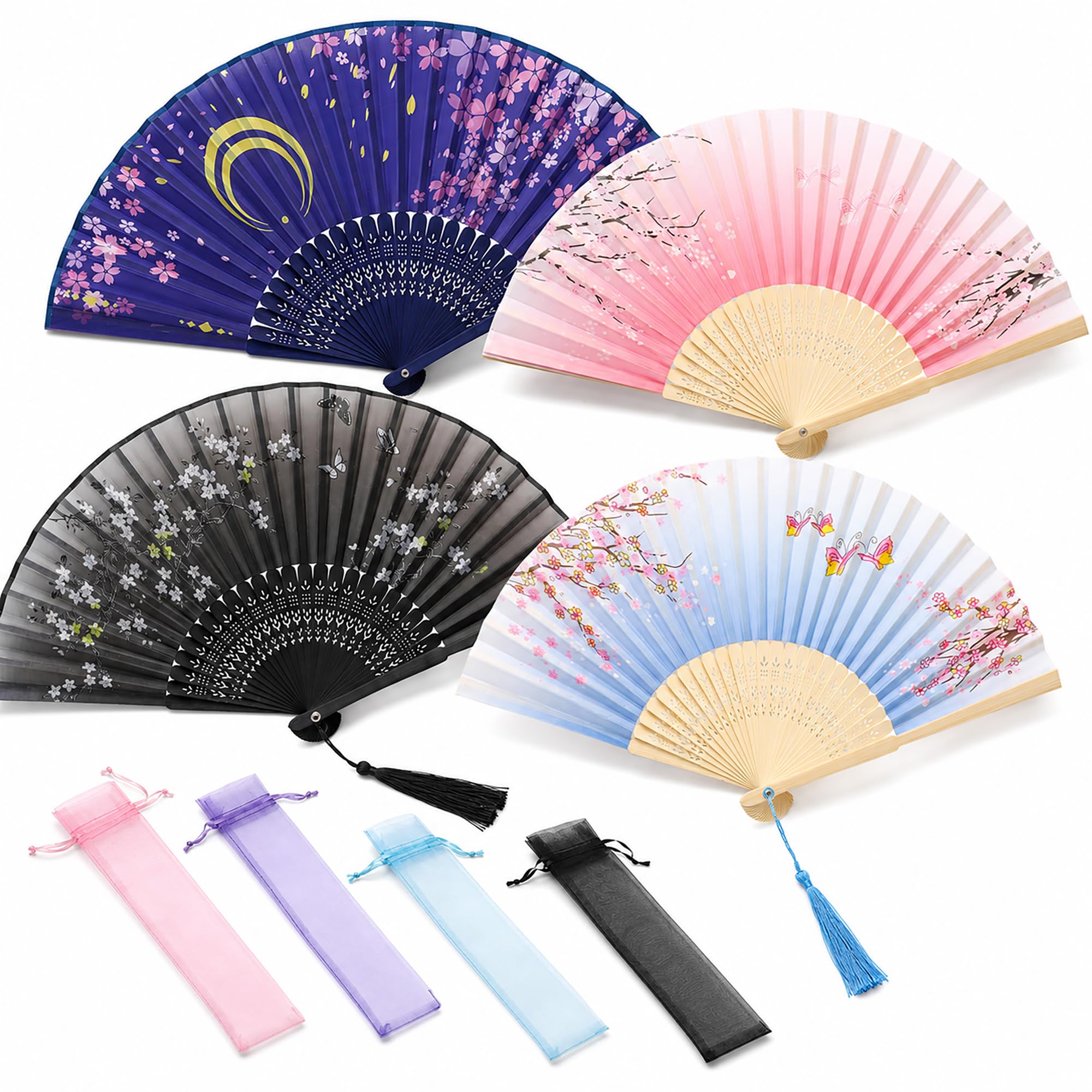 4 Pack Folding Hand Fans, Japanese Style Handheld Fans with Organza Bags