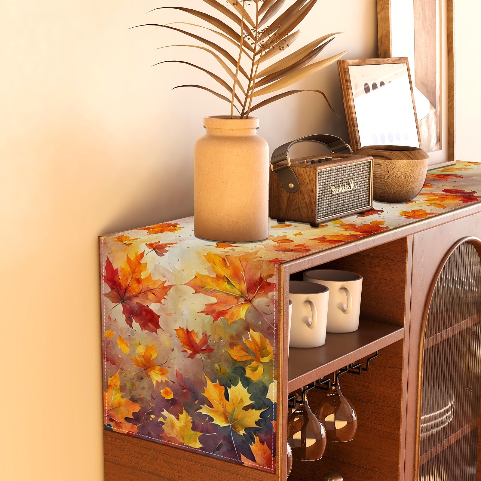 Maple Leaves Fall Table Runner - 13x72 Inch Polyester Farmhouse Decor For Thanksgiving & Autumn