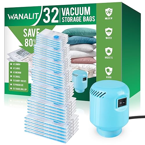 Vacuum Storage Bags with Electric Pump, New Air Valve Combo 32 Pack Vacuum Space Saver Bag, Vacuum Sealer Bags for Clothes, Clothing, Pillows, Comforters, Blankets, Quilt, Travel, Two Compressing Ways - 32Combo