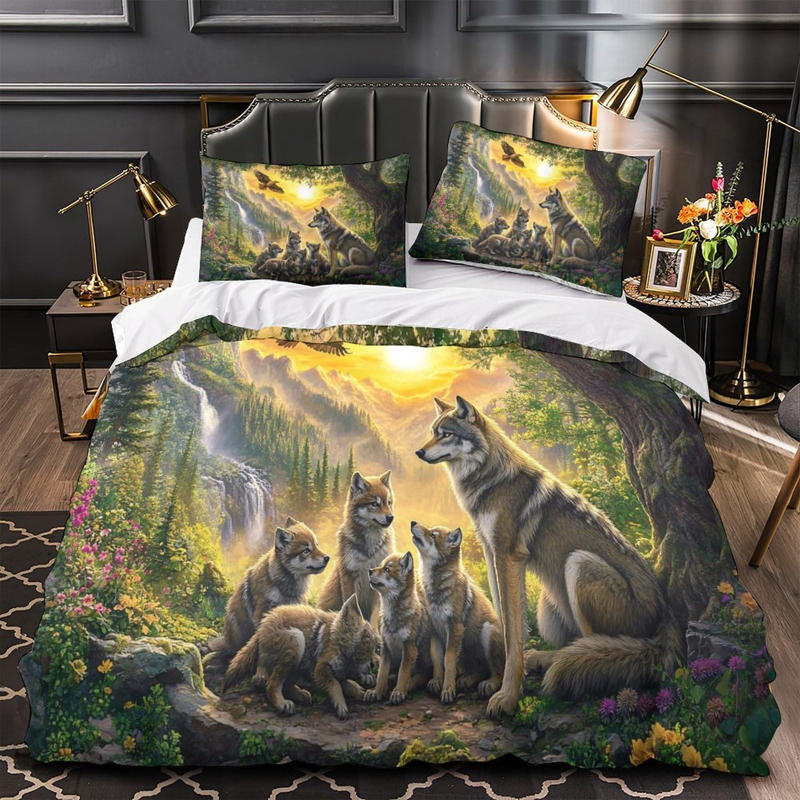 Parure de lit loup 3D 140x200cm avec housse de couette en microfibre single