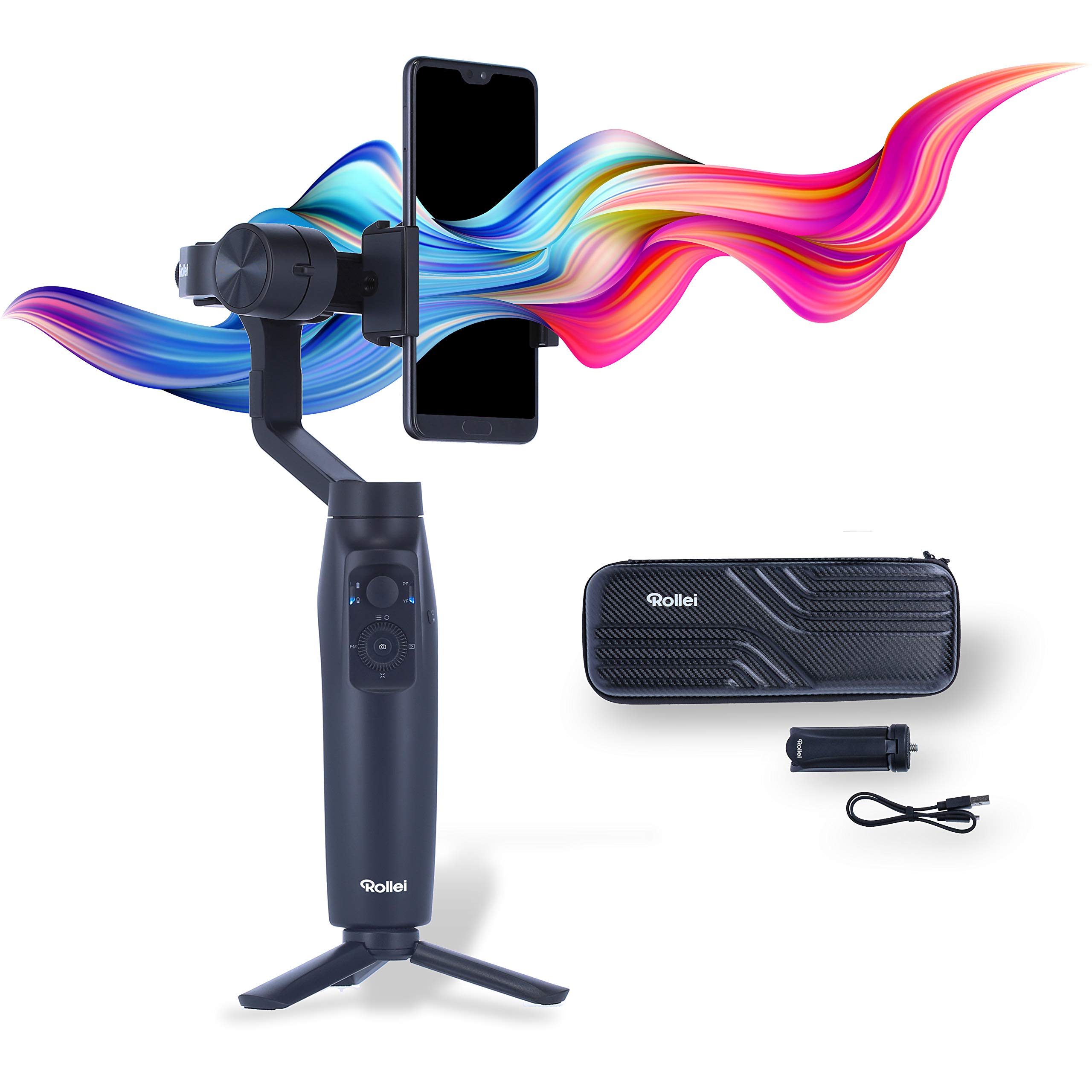Rollei Go! Profi Smartphone-Gimbal I Handy-Gimbal I Video Stabilisator I Gimbal für Iphone & Android inklusiver kabelloser Ladefunktion & Tasche