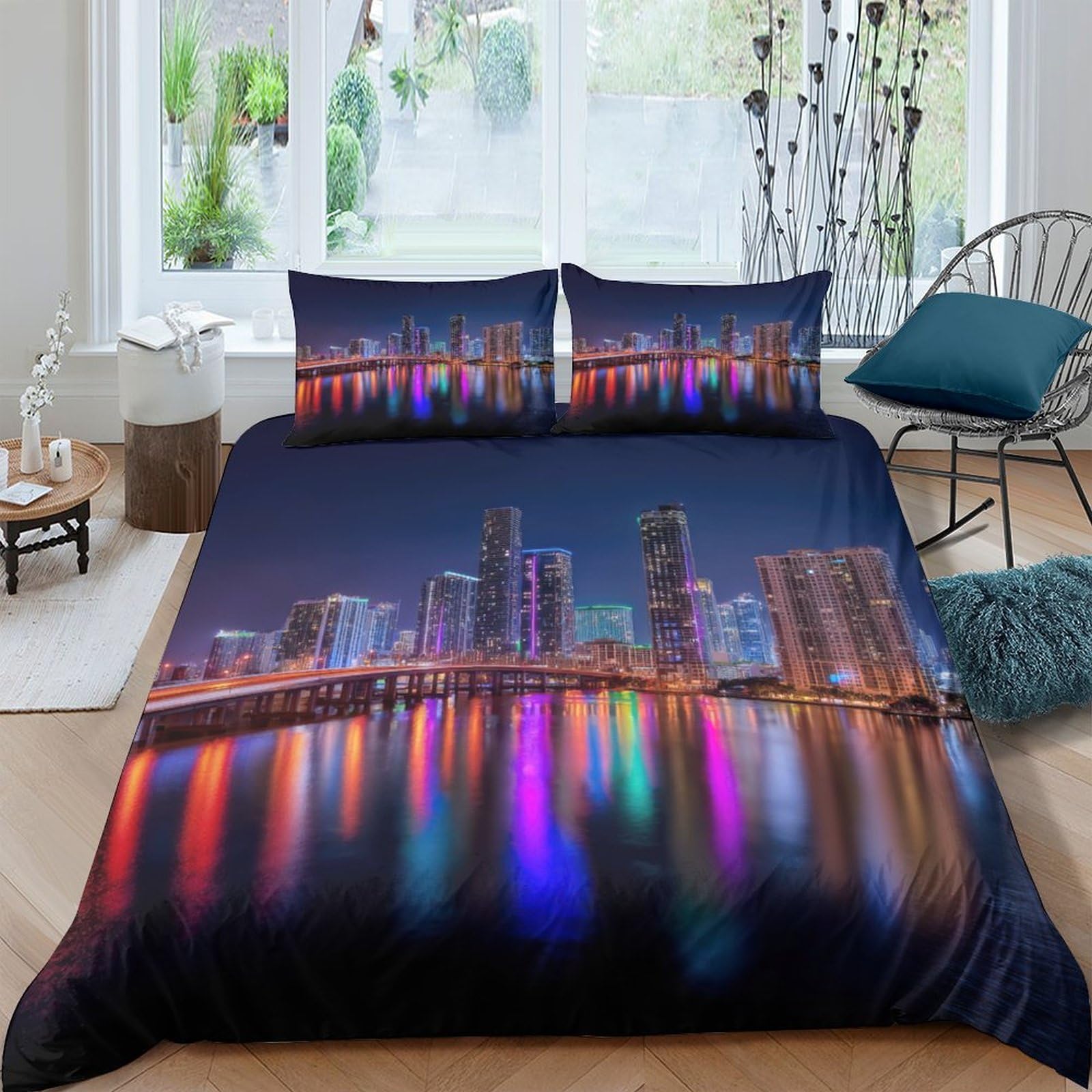 Ctjqhvkz Style-9 3D Printed City Nightscape Fitted Sheet Microfiber Soft Urban Lights Bed Cover For Bedroom Guest Room Decor Single（135X200cm）