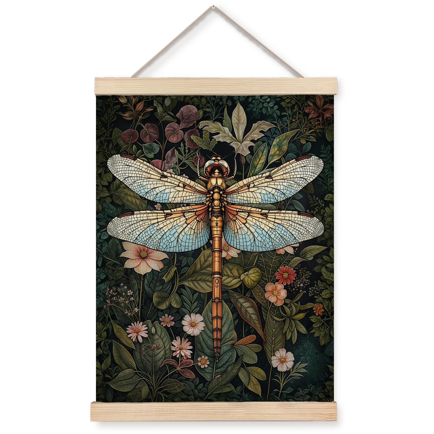 Foritho William Morris Vintage Floral Dragonfly Poster Wall Art Framed, Dark Cottagecore Botanical Insect Nature Aesthetic Canvas Prints Wall Decor