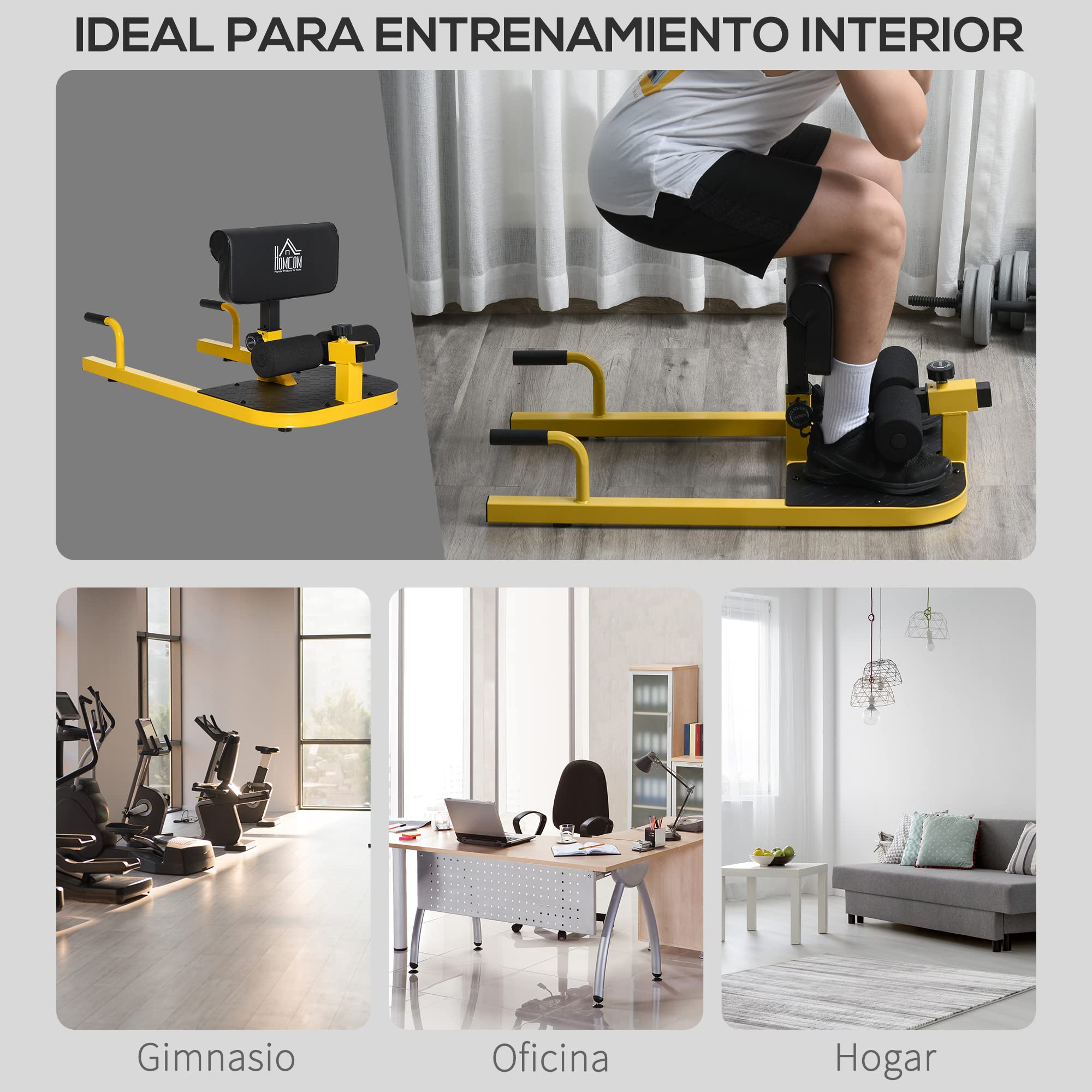 HOMCOM 3-en-1 Máquina Equipo de Sentadilla Ejercicios Abdominales Amarillo | Tablero Supino Multifuncional, Máquina de Piernas, Ayuda en Cuclillas