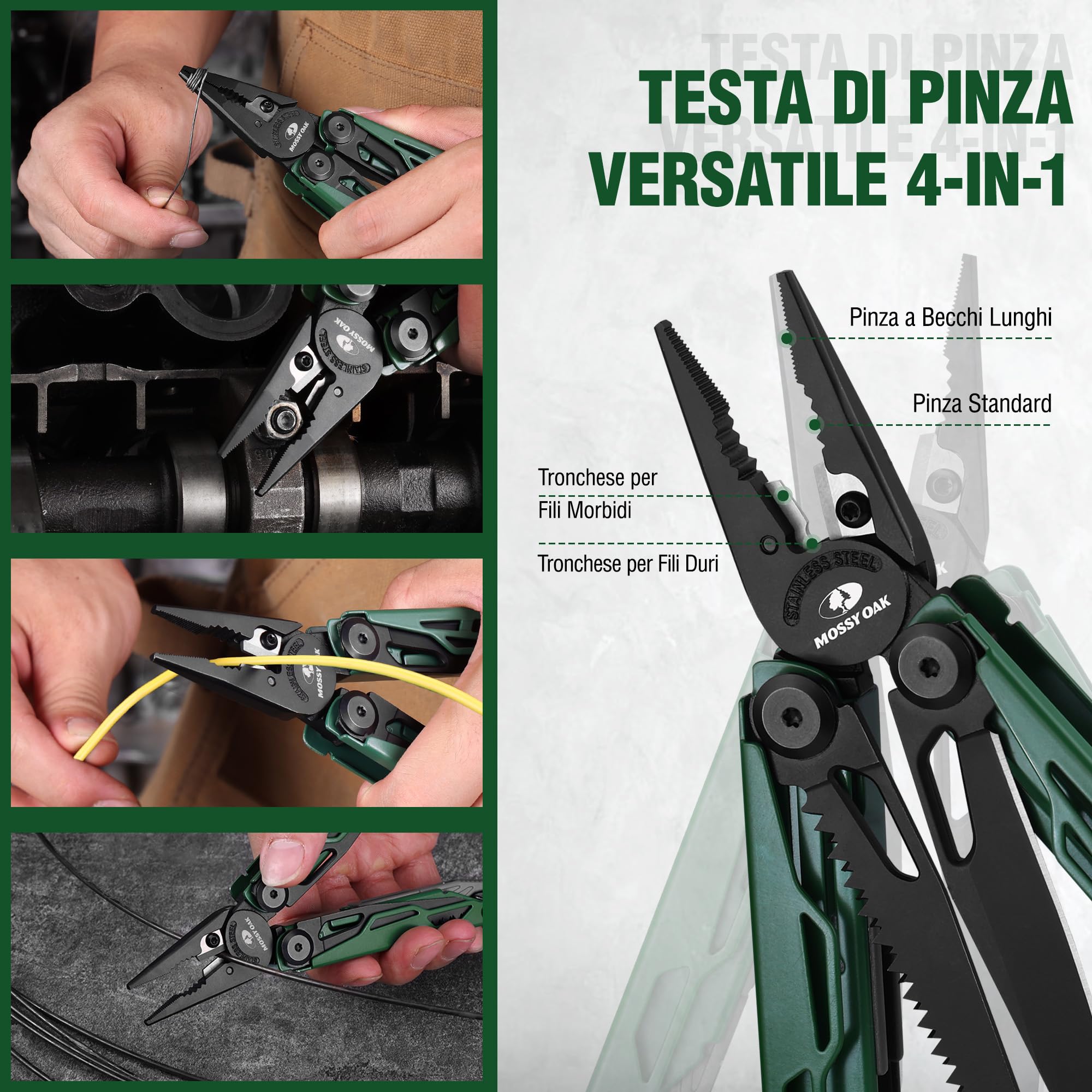 Mossy Oak 27-in-1 Pinza Multifuzione in Acciaio Inossidabile, Multitool Pieghevole con 4 Punte, Ideale per Escursioni, Campeggio e Riparazioni, Compreso Astuccio, Verde