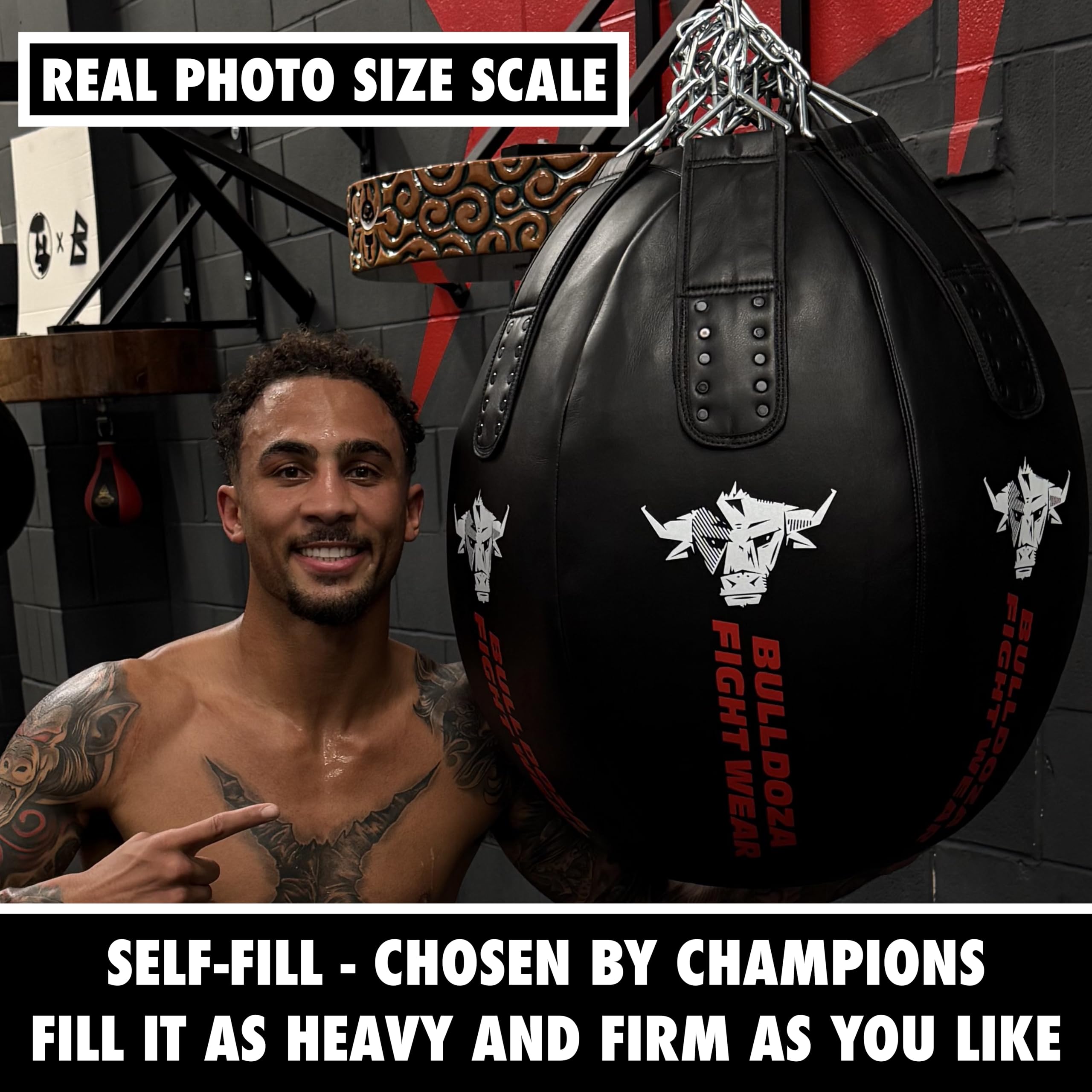 Sacco da boxe XXL BULL DOZA Wrecking Ball (66 × 56 cm) – Borsa uppercut avanzata per boxe, MMA e Muay Thai – Design ad angolo a 6 pannelli con catene, girevoli e clip
