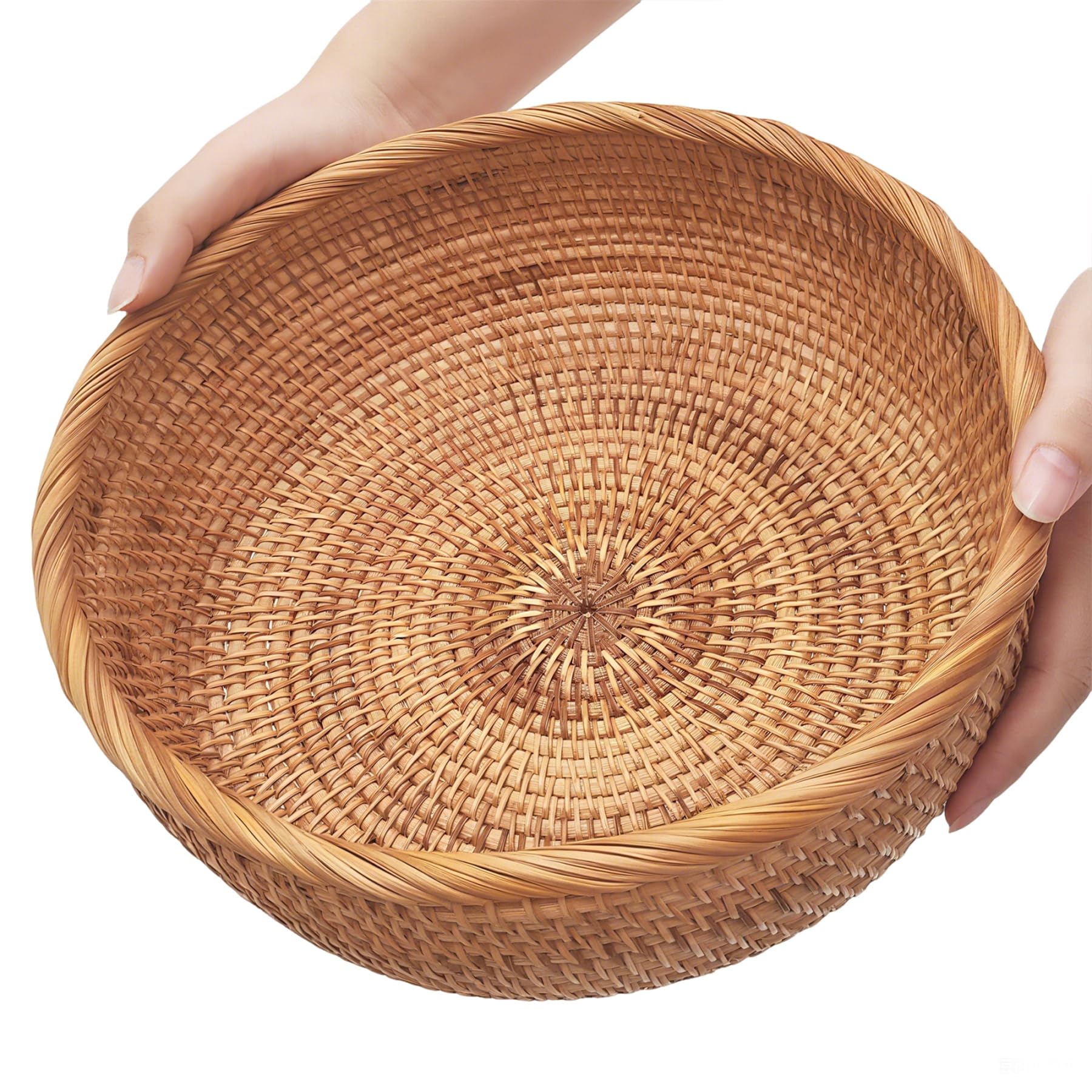 Photo 1 of 10.2" Large Round Rattan Wicker Bread Basket, Natural Fruit Basket for Kitchen Counter, Hand Woven Food Baskets, Artisanal Bread Baskets for Serving, Fruit, Vegetable, Candy, Nuts, Keys, Wallets, Etc.