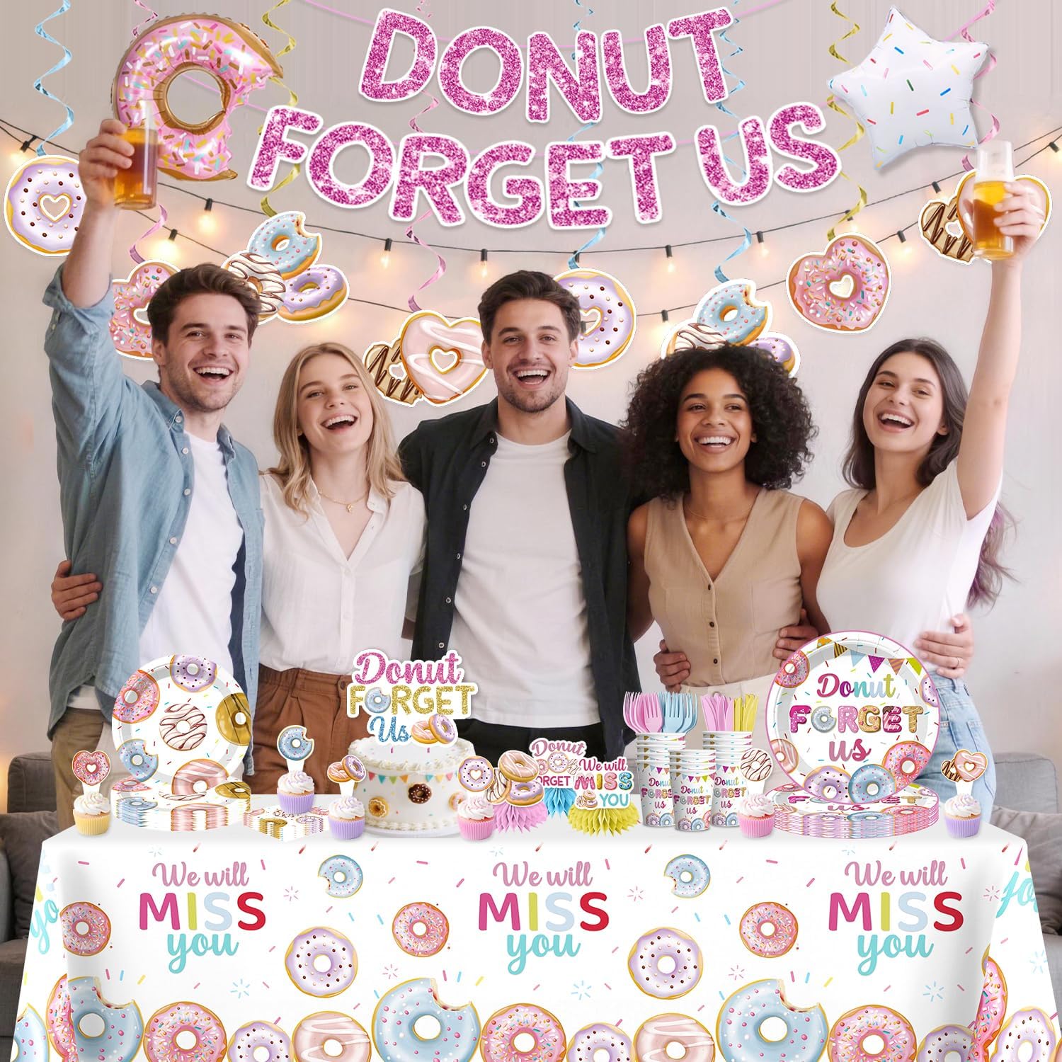 Donut Forget Us Party Decorations for Coworker Farewell Leaving Party, All-in-one Going Away Party Supplies Includes Banner, Cake Toppers, Plates and Napkins Set, Easy Setup Office Party Decor