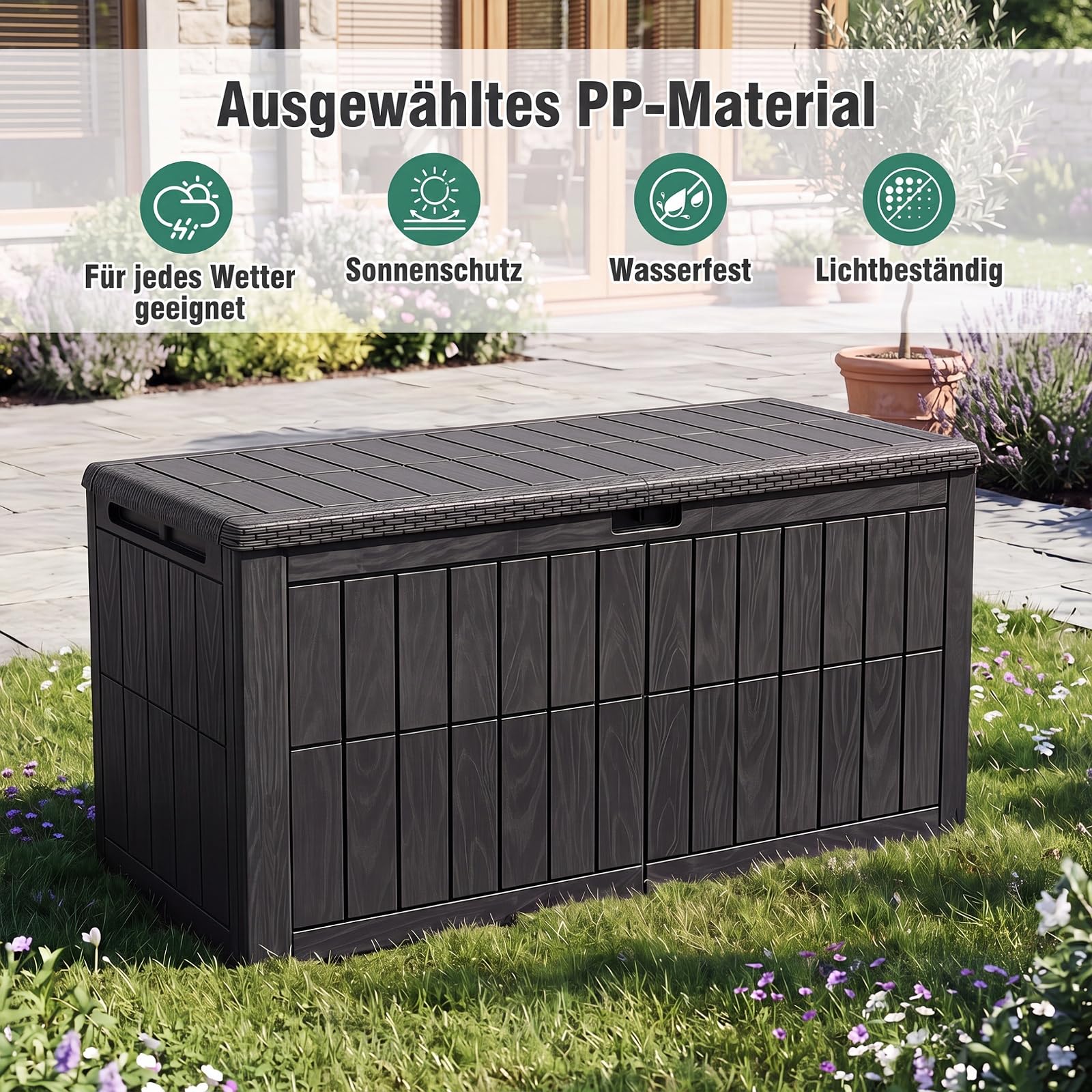 GYMAX 455 L wetterfeste Auflagenbox, abschließbare Aufbewahrungsbox mit Deckel, Gasdruckfedern & Griffen, 2-in-1 Terrassenbank und Kissenbox für Kissen, Gartenwerkzeug & Poolzubehör
