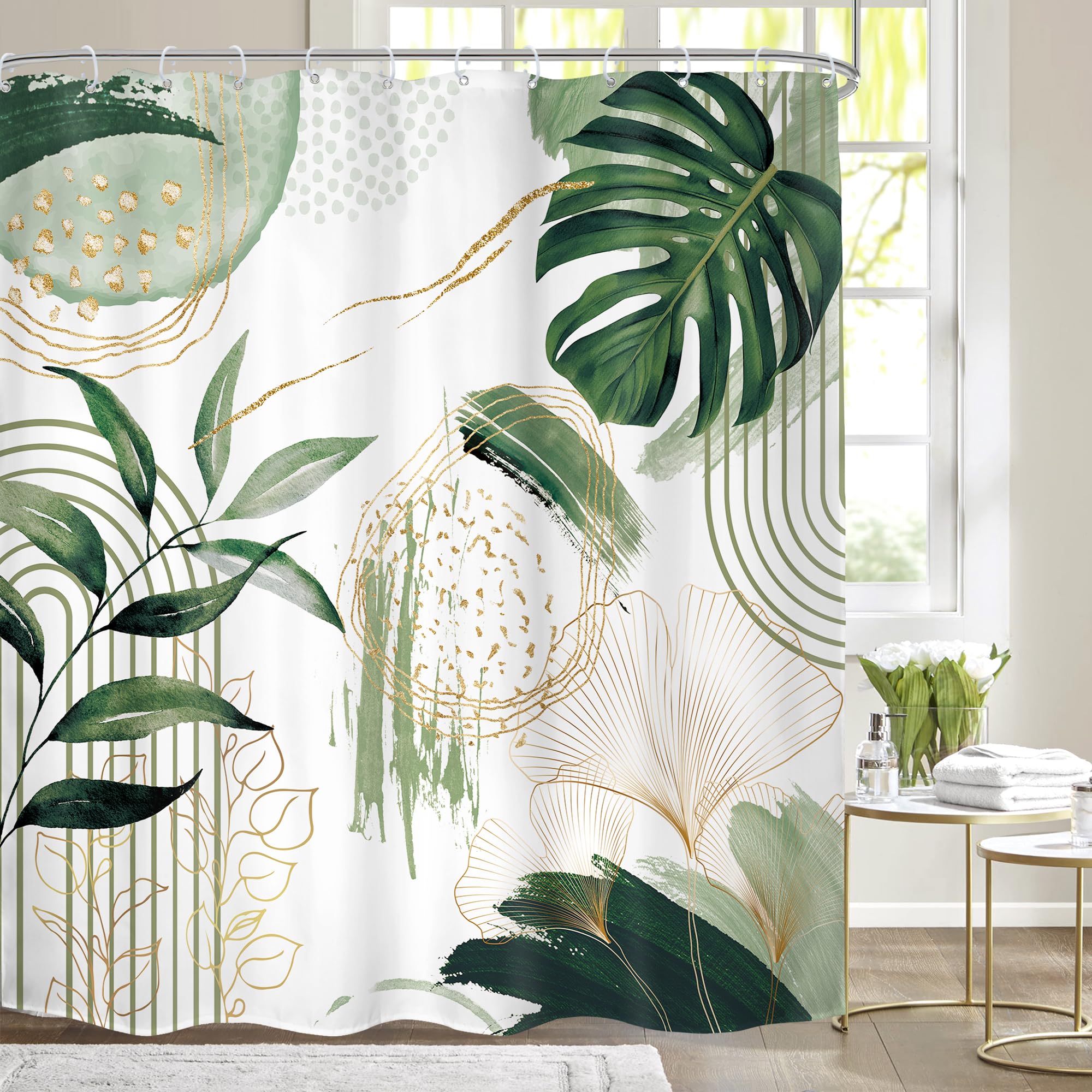 Mitpok Sage Green Boho Shower Curtain Mid Century Modern Abstract Tropical Palm Leaves Minimalist Gold Olive Geometric Plant 72Wx72H Bathroom Decor