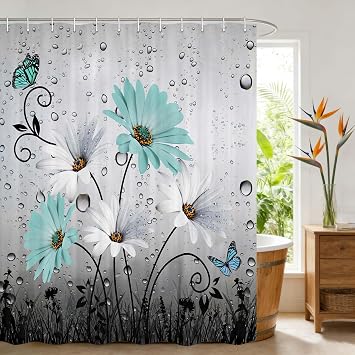 Rustic Teal Floral Shower Curtain, Country Farmhouse Daisy Flowers and Butterfly Shower Curtains for Bathroom, Grey Gray Spring Floral Bath Curtain with 12PCS Hooks, 70X70IN