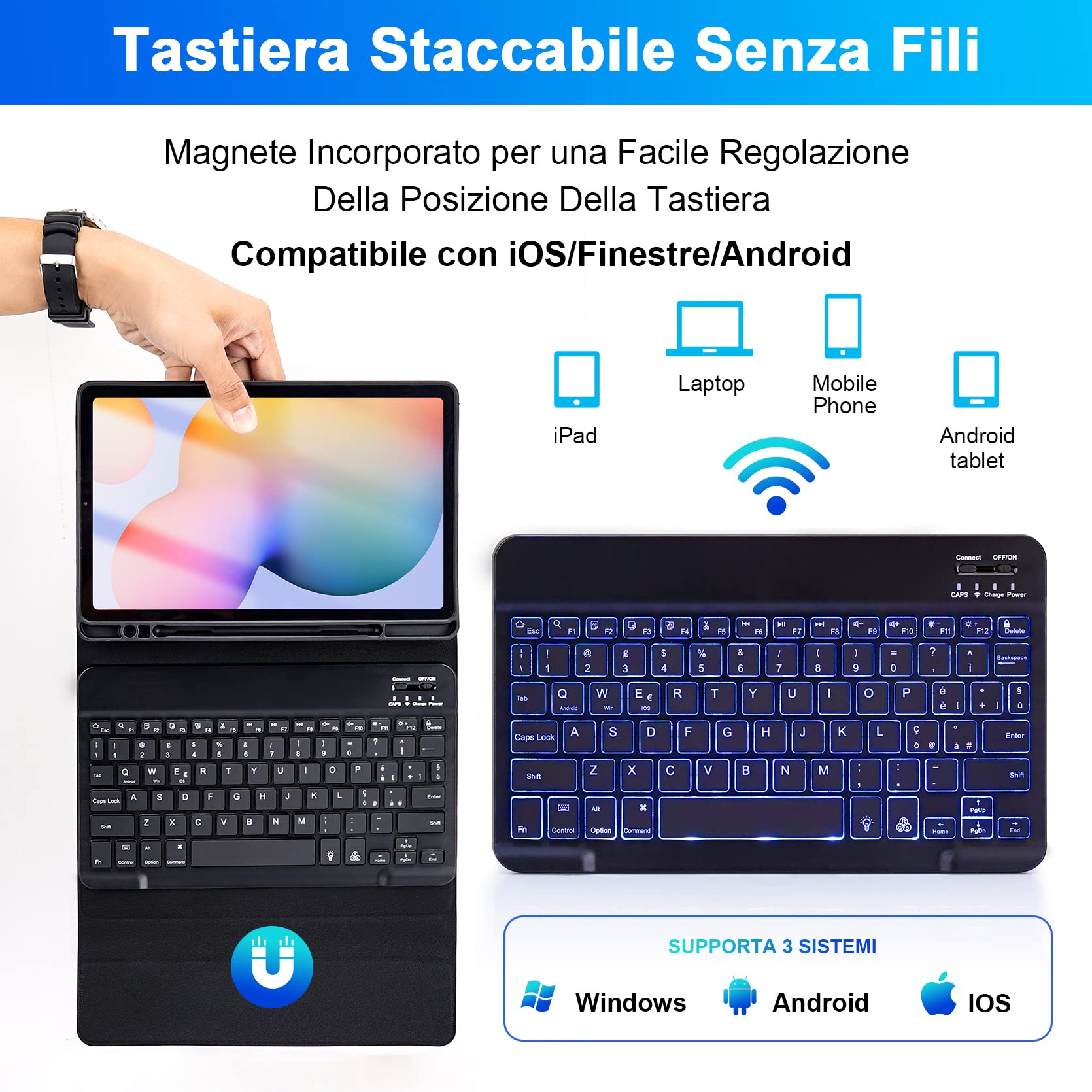 SOPPY Custodia per Tastiera Samsung Tab S6 Lite, 7 Colori Retroilluminata, Italiano QWERTY, Custodia con Tastiera Rimovibile per Samsung Tab S6 Lite 10.4" 2020(SM-P610/P615), 2022(SM-P613/P619), Nero