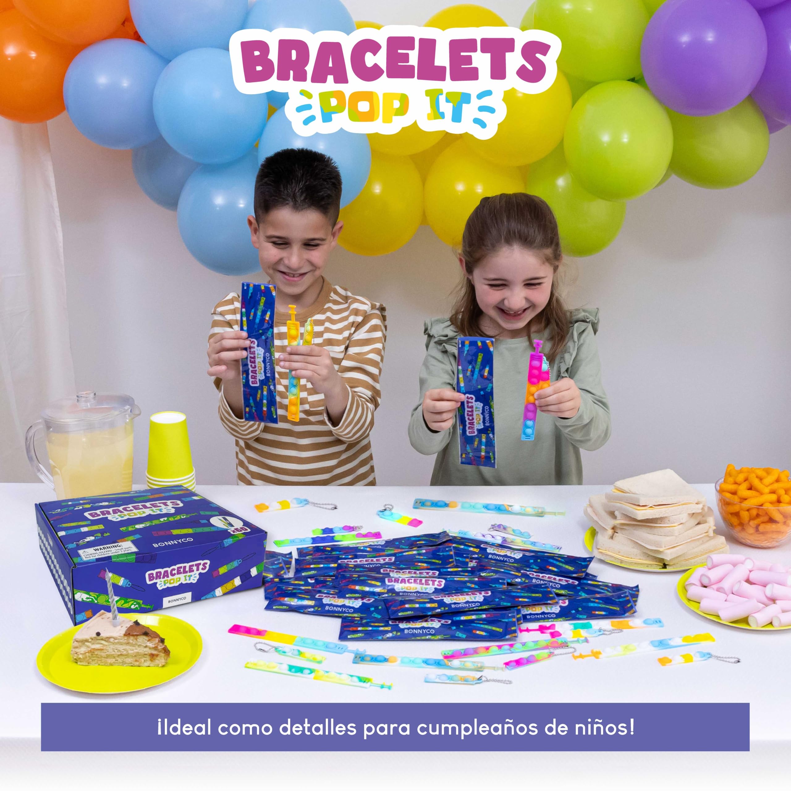 BONNYCO Pulseras y Llaveros Pop It Pack 60 Regalos Cumpleaños Niños Colegio. Detalles Cumpleaños Niños, Relleno Piñata Infantil. Fidget Toy para Regalitos Invitados, Regalos Alumnos Primaria