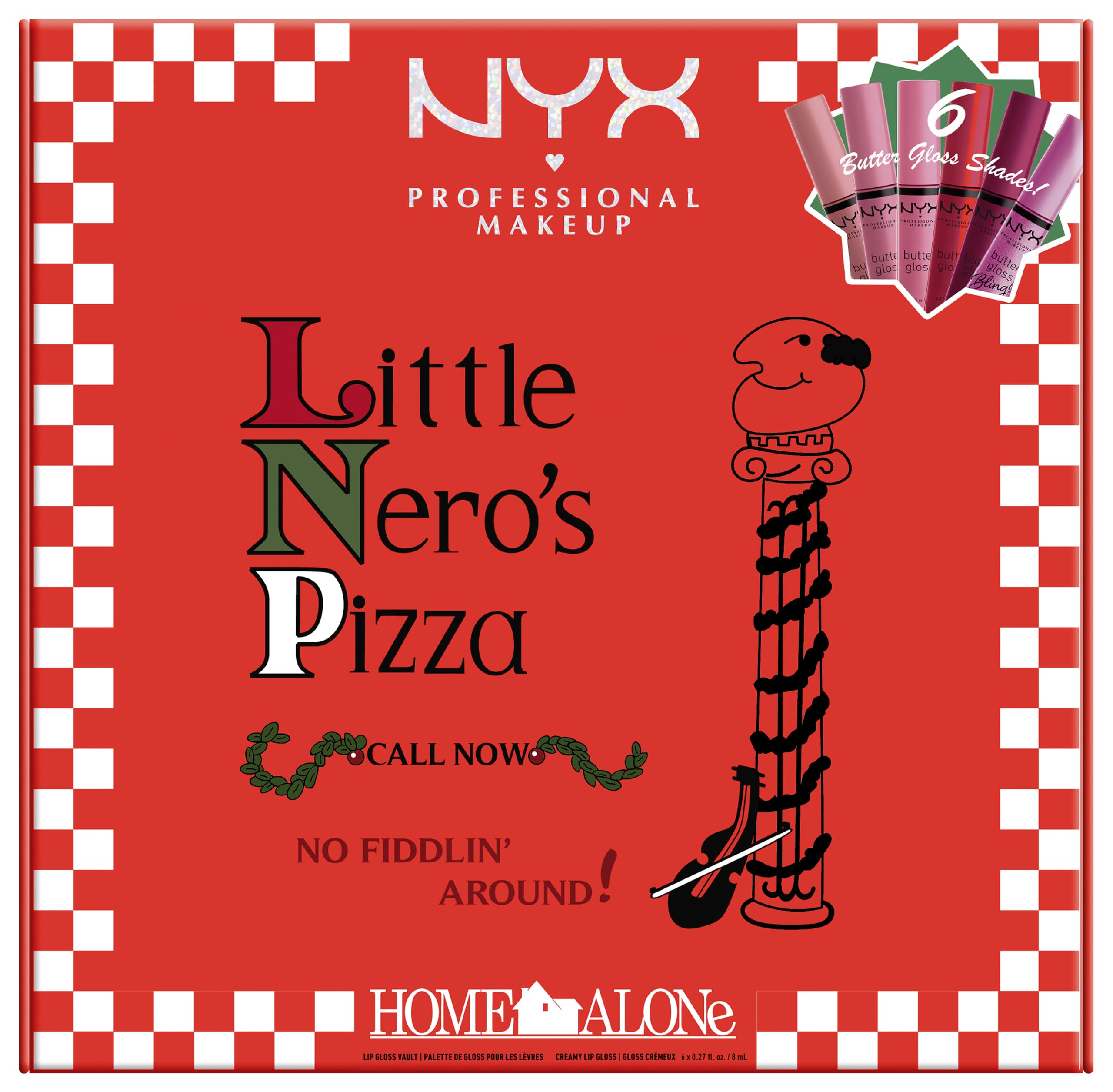 NYX Professional Makeup Home Alone Lipglosse in Pizzaschachtel, Mit glänzendem Finish und nicht klebriger Formel, Butter Gloss Pizza Vault, 6 Stück, 5 Pink-/Rottöne und Butter Gloss Bling