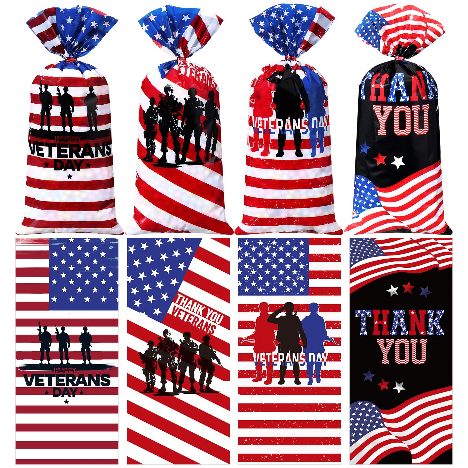 Karenhi 100 Pcs Thank You Veterans Gift Bags Bulk 10.8 x 5 Inch Veterans Appreciation Cellophane Bag Patriotic USA Military American Flag Treat Favors