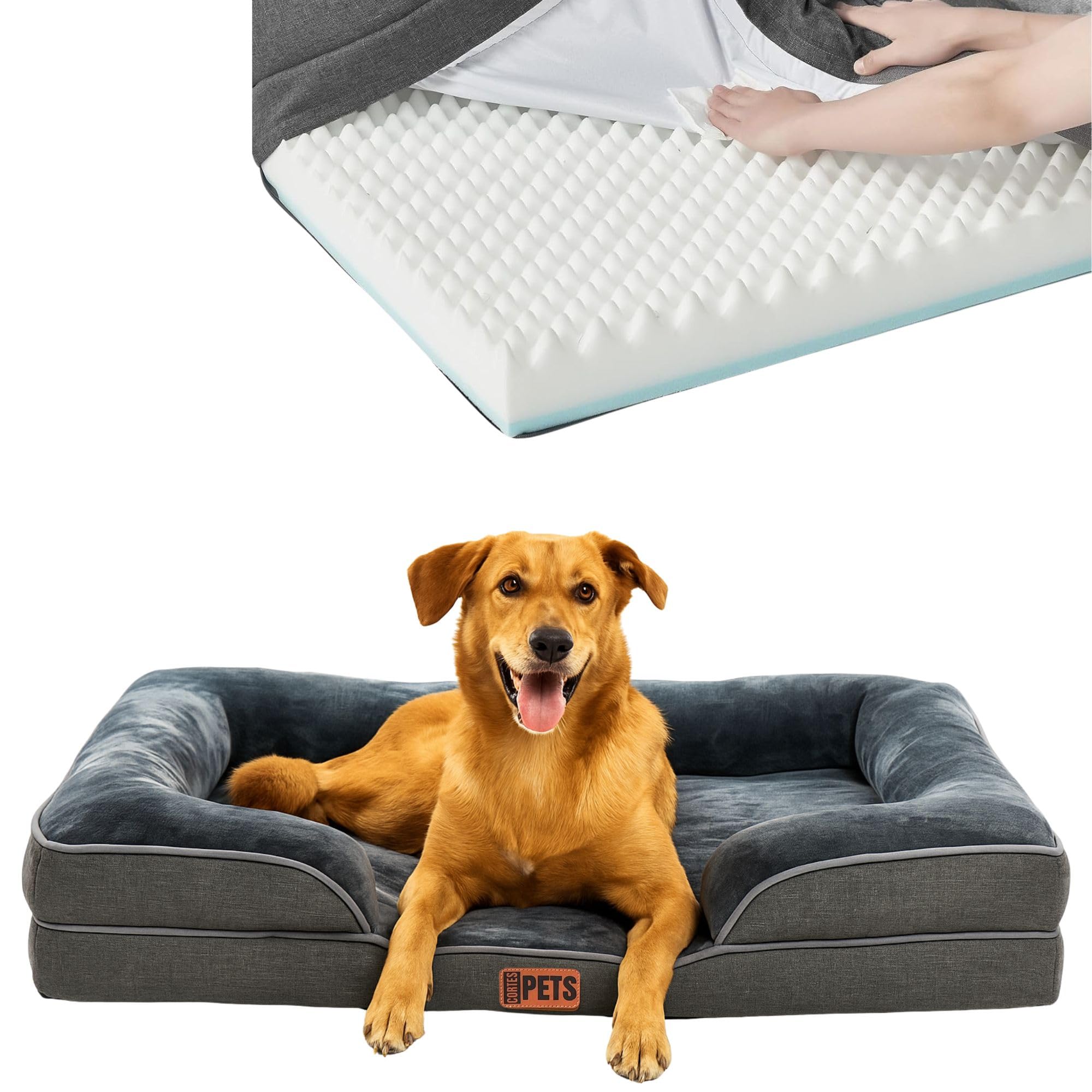 CORTES PETS Orthopädisches Hundebett für mittelgroße Hunde - 90 x 64 x 17 cm - Hundekissen für mittlere Hunde - Hundekorb - Wasserfest HundeCouch - Waschbar - erhöhte Ränder - Hundesofa -Memory Foam
