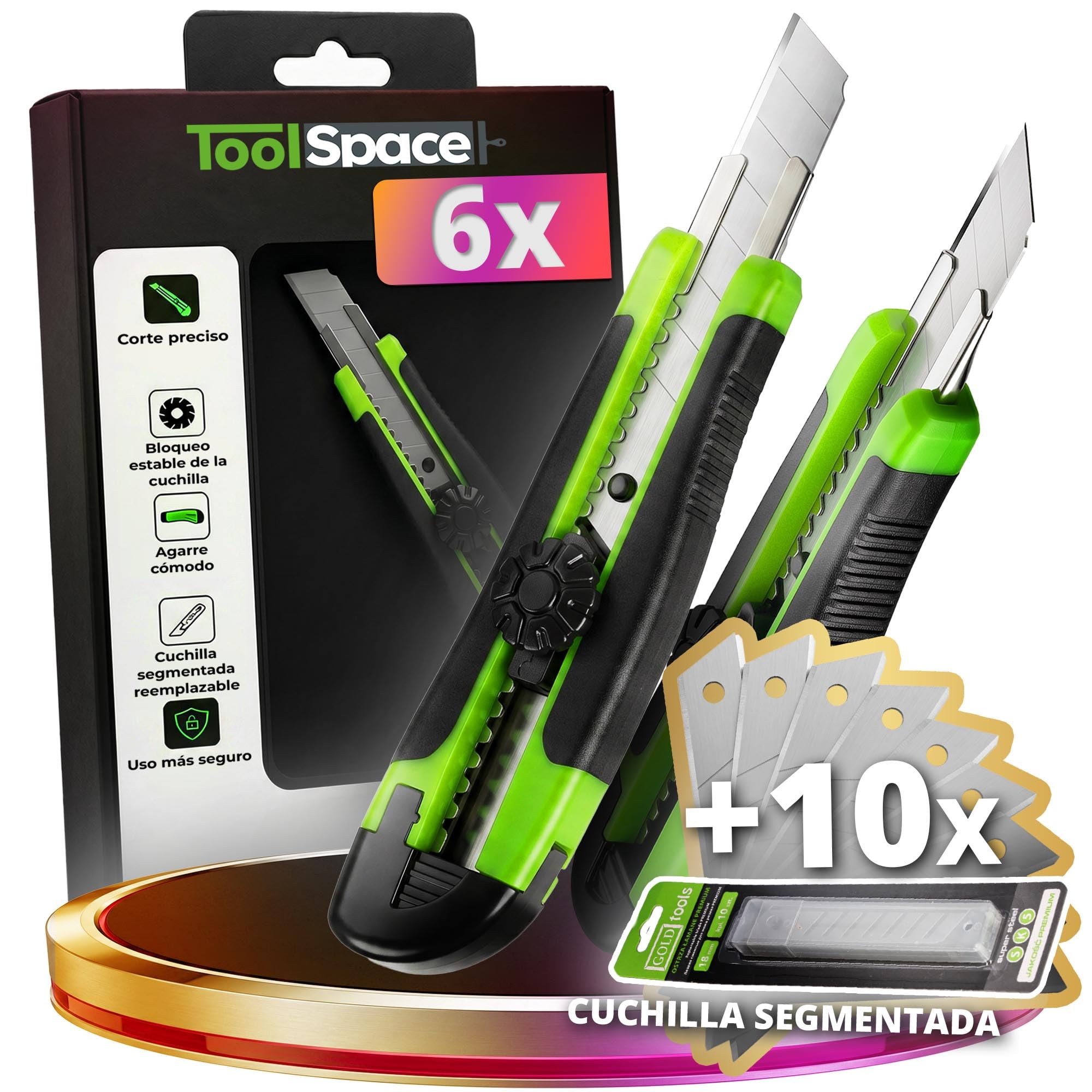 ToolSpace 6x Cúter Profesional 18 mm Con 16x Cuchillas SK5 Cuchilla Segmentada Mango Antideslizante Guía Metálica Cortador Para Cartón Papel Pintado Moqueta Plástico Bricolaje Taller Obra Pro Preciso