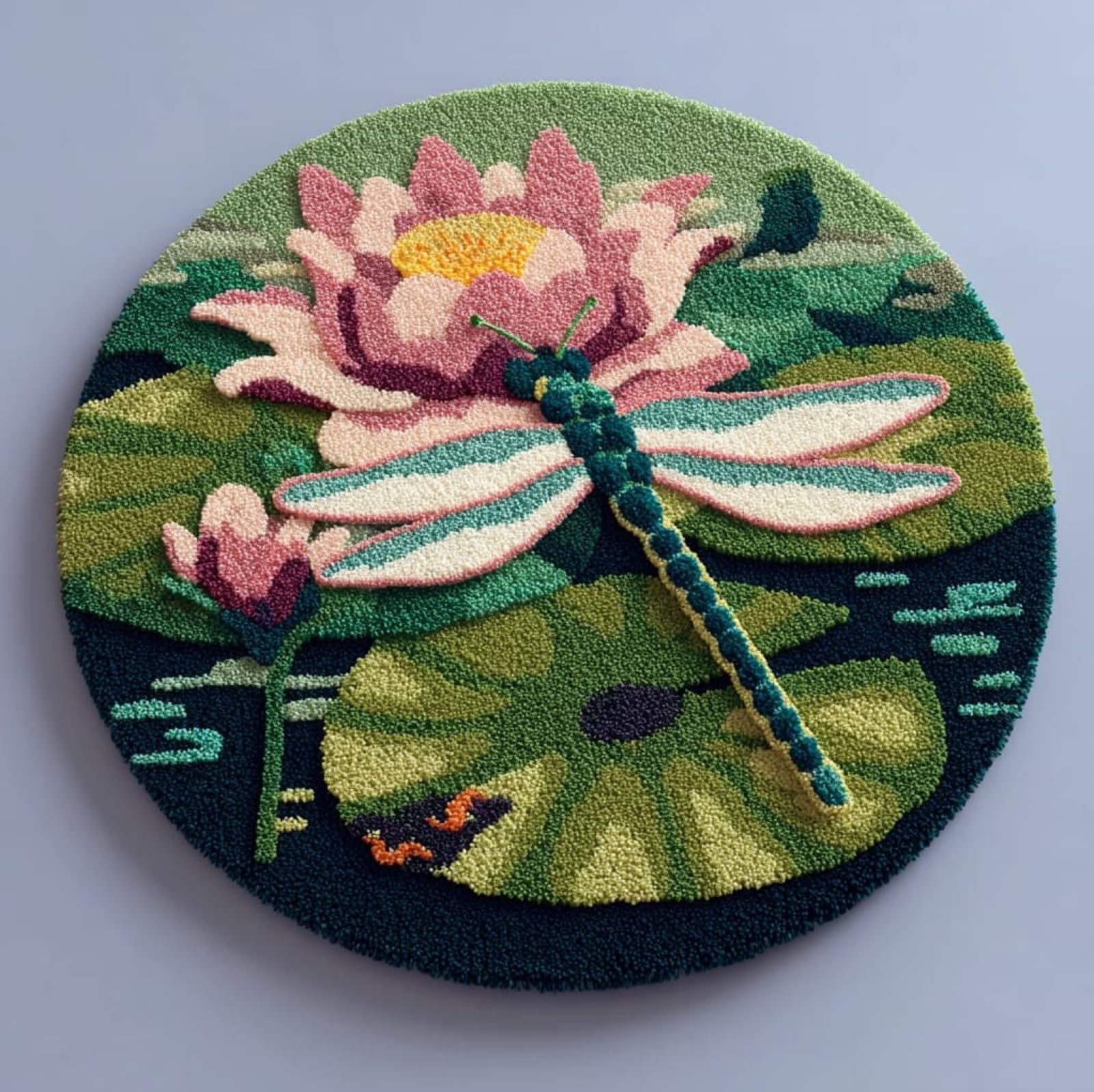 WallustrioaW Latch Hook Rug Kits for Adults Kids Beginners,Dragonfly and Lotus,DIY Crochet Rug Making Kit with Printed Patterns Canvas Yarn Carpet Crafting Arts,50x50cm