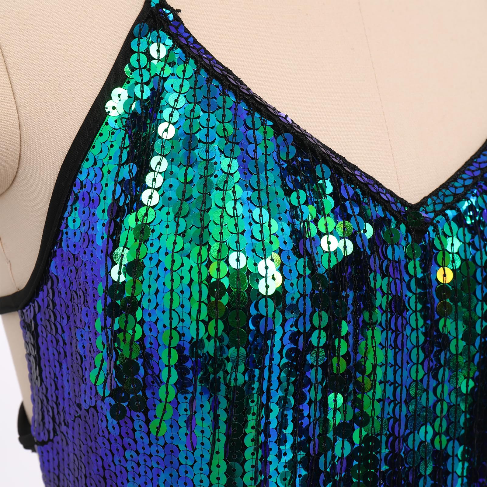 IMEKIS Lentejuelas Body Mujer Flecos Borla Body Halter Cuello Cuello V Música Festival Maillot Brillante Latino Jazz Tango Salón de Baile Disfraz Rave