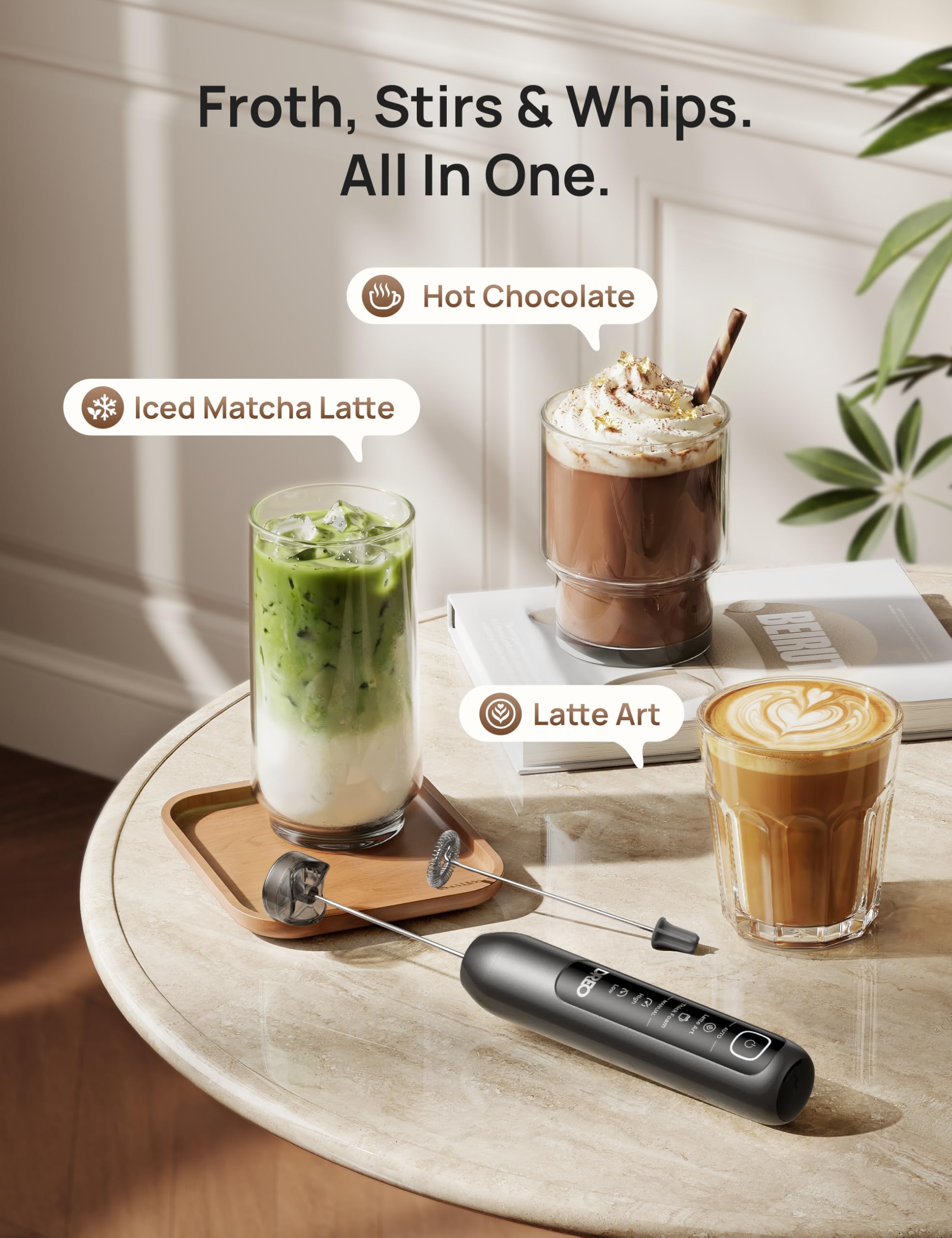 DREO Varita espumadora de leche ultrarrápida, espumador eléctrico recargable de mano con pantalla LED y 4 velocidades para microespuma de nivel de arte con leche, café, capuchino, más de 180 bebidas