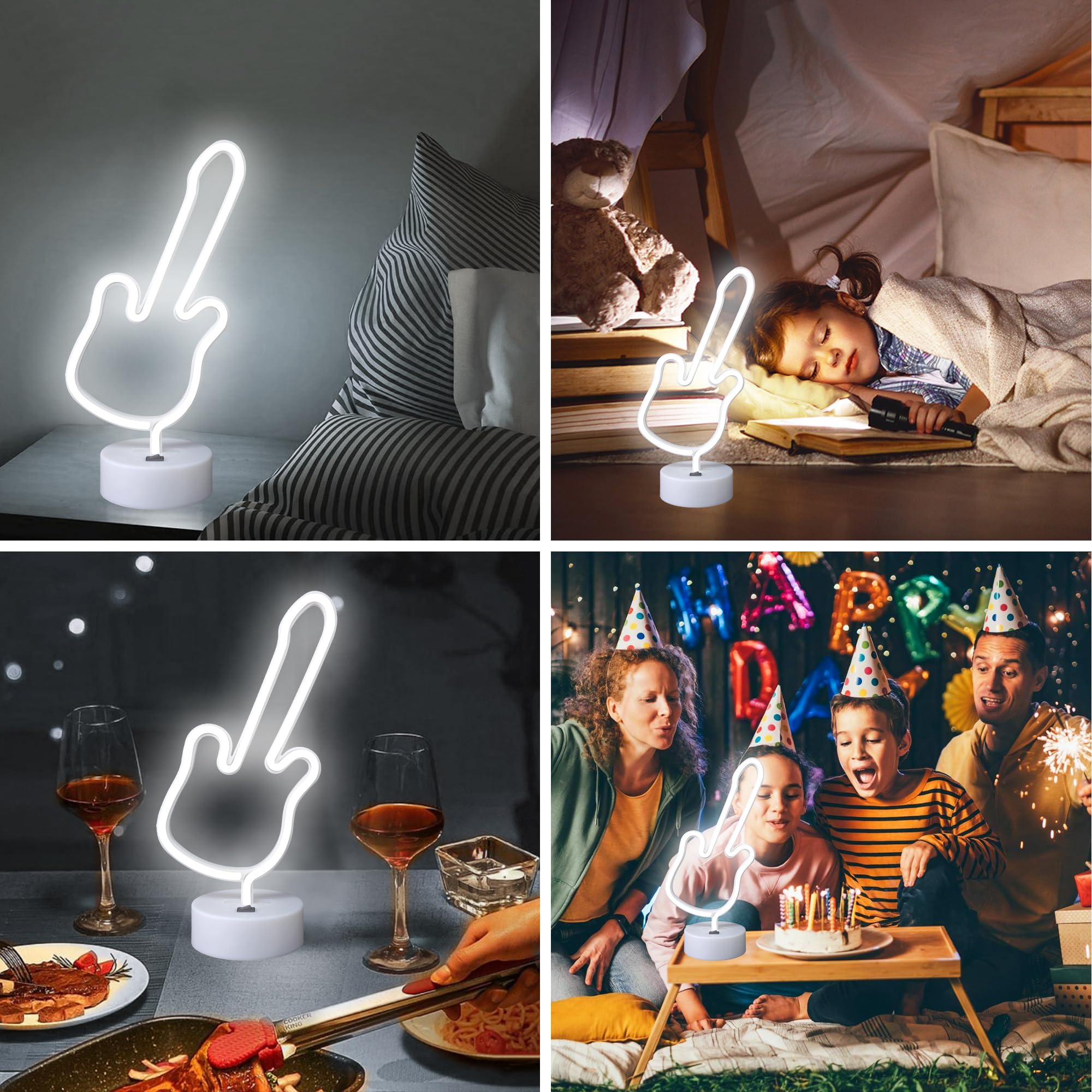 Insegna al neon a forma di chitarra, luce al neon a LED bianca con base di supporto, luce notturna per camera da letto, alimentata a batteria/USB, per feste, matrimoni, compleanni, festival