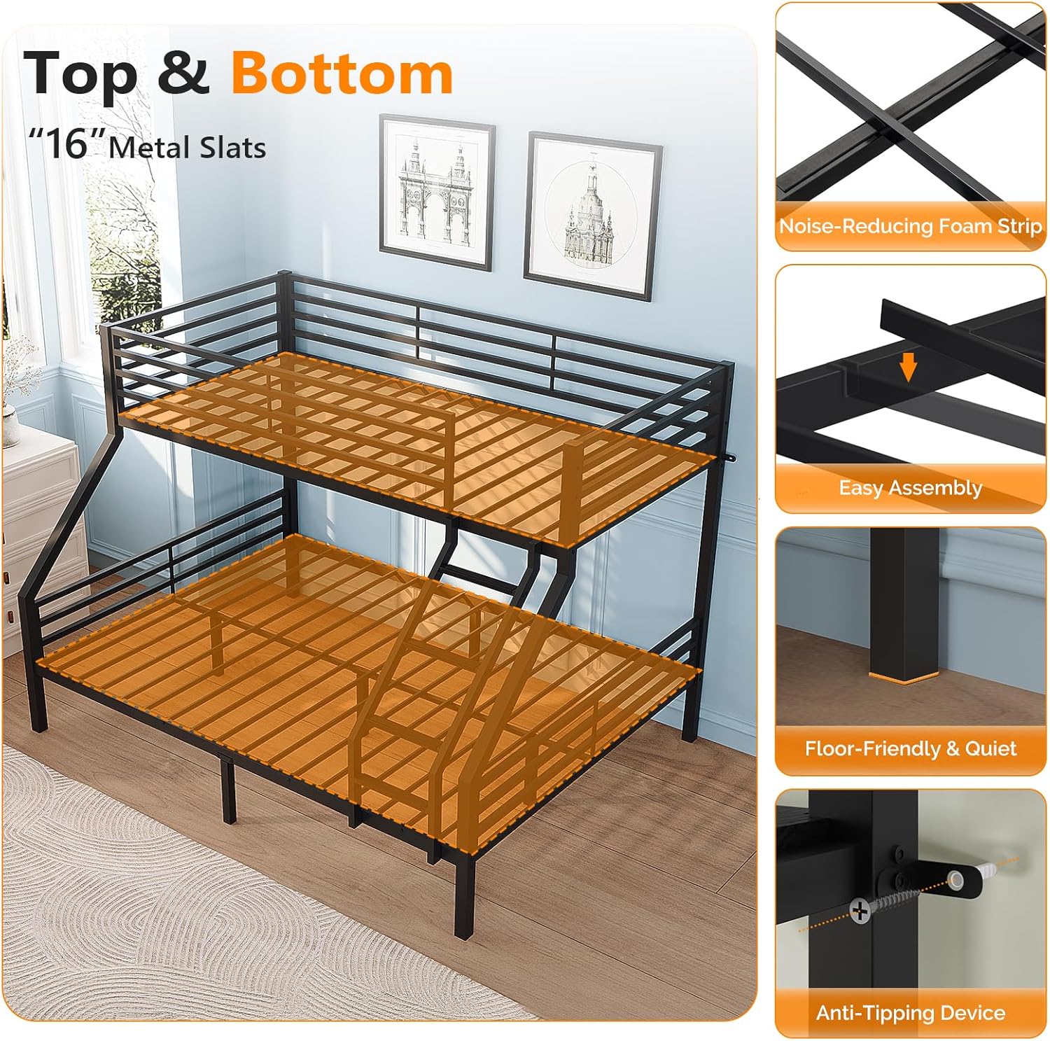 VINGLI Twin XL Over Queen Bunk Bed for Adults,Heavy Duty Metal Bunk with Full Length Guardrails, Ladder with Anti-Slip Pads, Steel Salts, Black