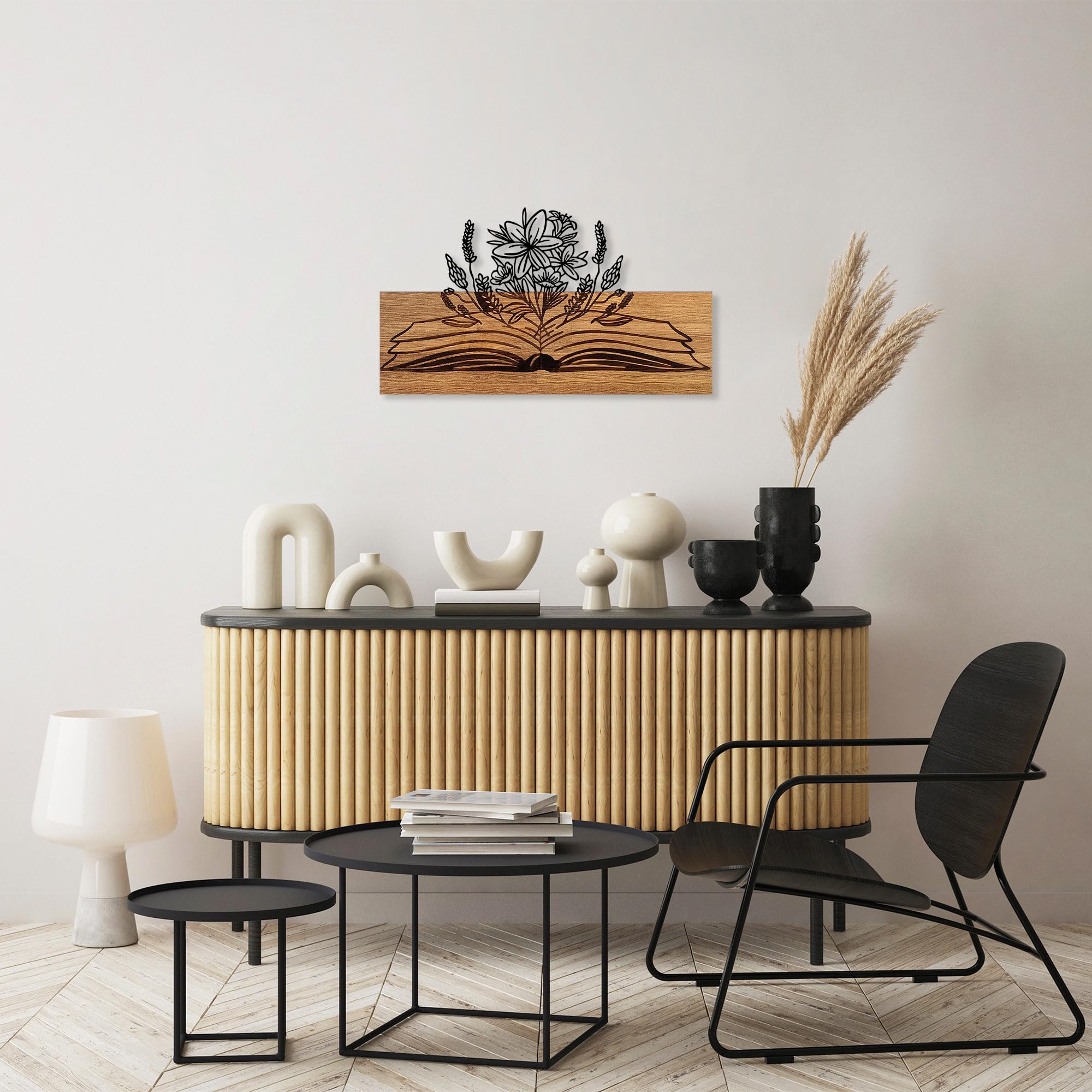 Elegant Decorative Wooden Wall Accessory, Walnut & Black, 33 x 58 cm, 50% Wood (3 cm Thick) and 50% Metal, Unique Design with Natural Variations