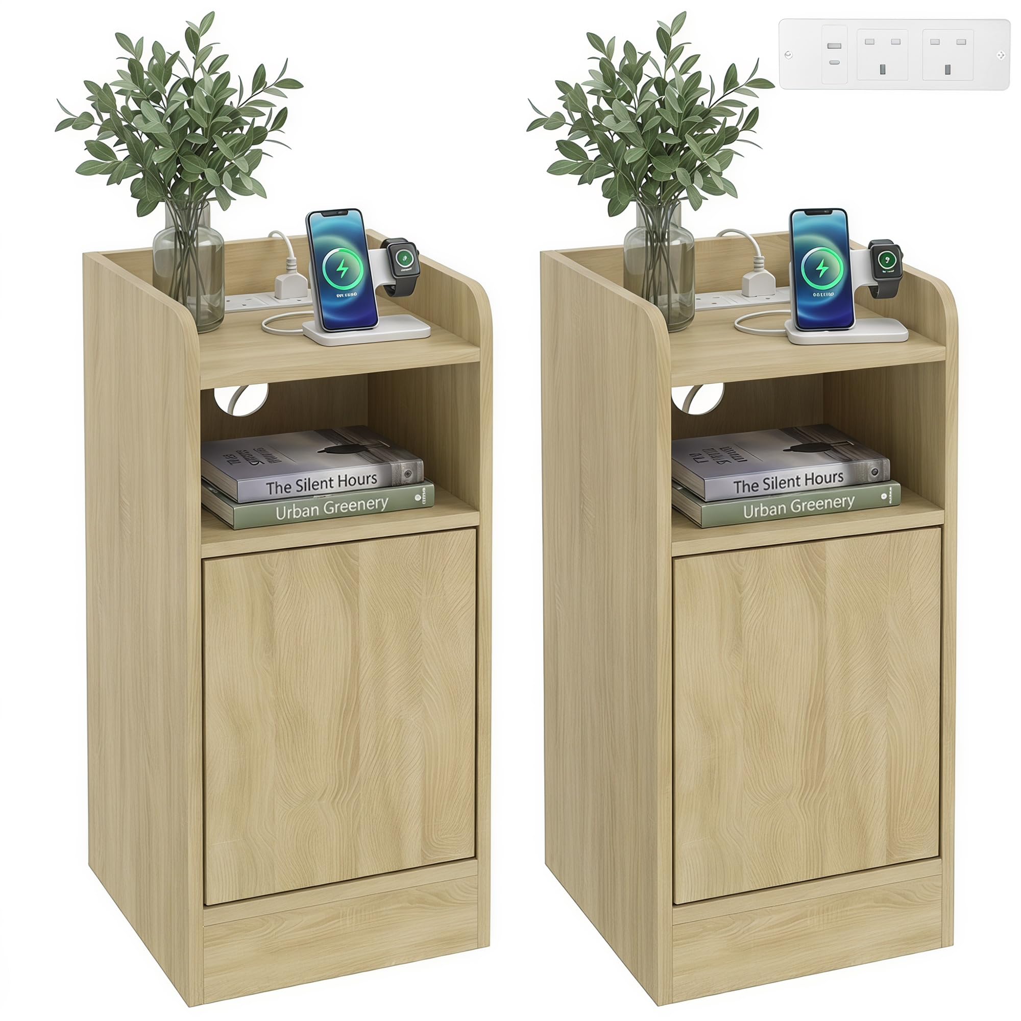 HOMCOM Slim Bedside Table Set of 2 Narrow Bedside Cabinet, Oak