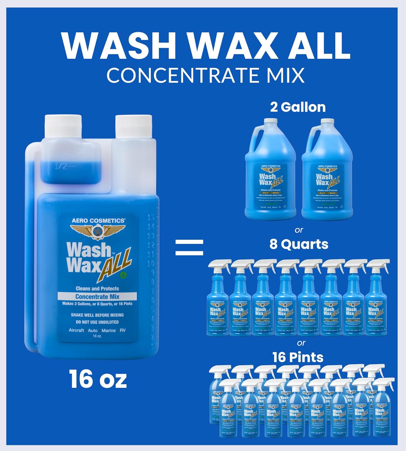 Wet or Waterless Car Wash Wax 16oz Concentrate Kit with Full Function Pressure Atomizer & Pump Sprayer Makes 2G of Wash Wax ALL Aircraft Quality for Car, RV, Boat, Motorcycle Use Anywhere, Anytime