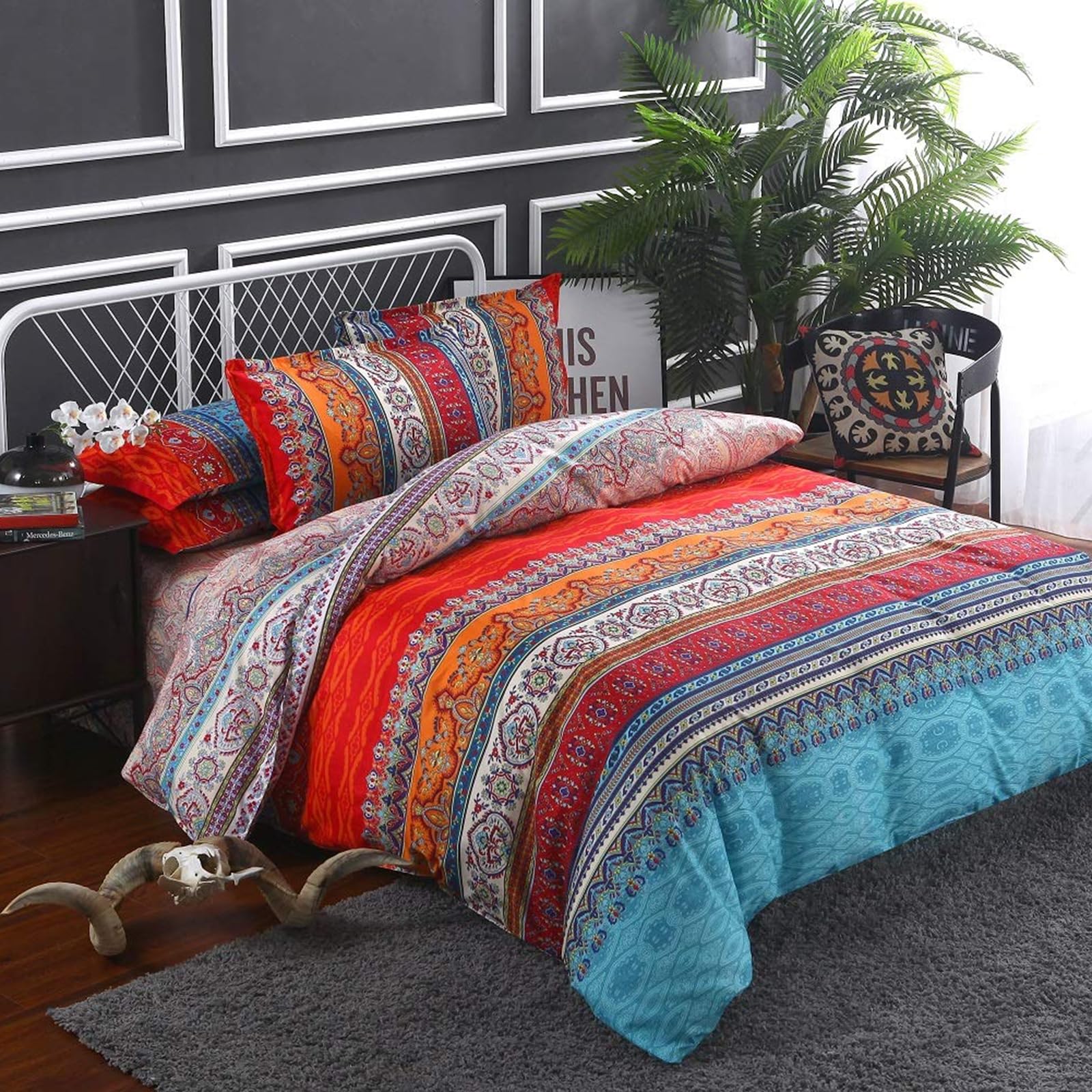 E-yimeng Single Duvet Cover Sets Boho Bedding Sets Red Duvet Covers Colorful Bohemian Bedding Collections with 1 Pillowcase Zipper Luxury 135x200 cm - Image 2
