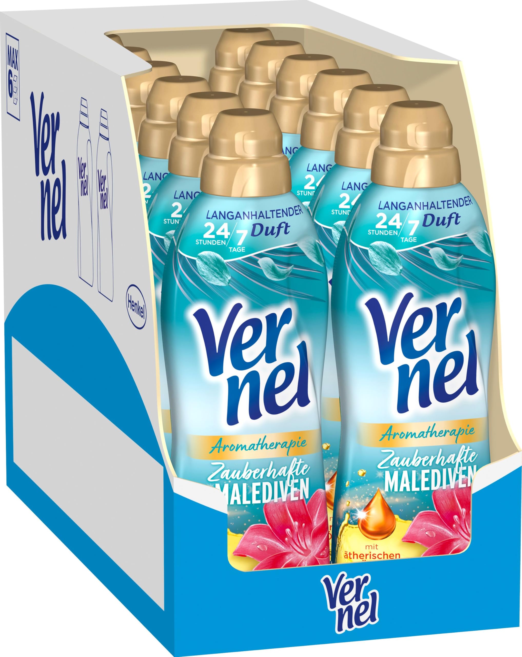 VERNEL Aromatherapie Zauberhafte Malediven Weichspüler 444WL (12x37 Waschladungen), langanhaltender Wäscheduft mit ätherischen Ölen für 24/7 Frische, recycelbare Flasche