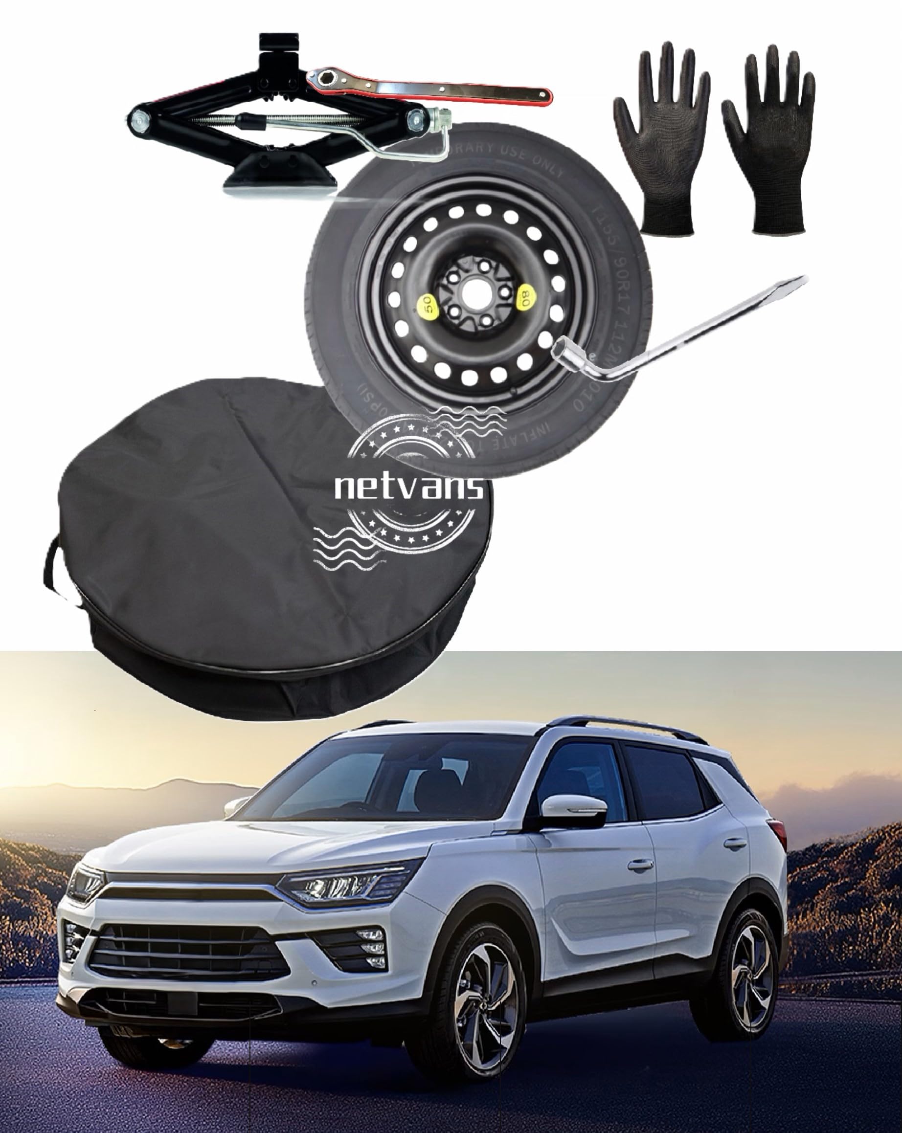 Kit rueda de repuesto 17" compatible con KMG Korando con gato, llave, guantes y bolsa 155/90R17