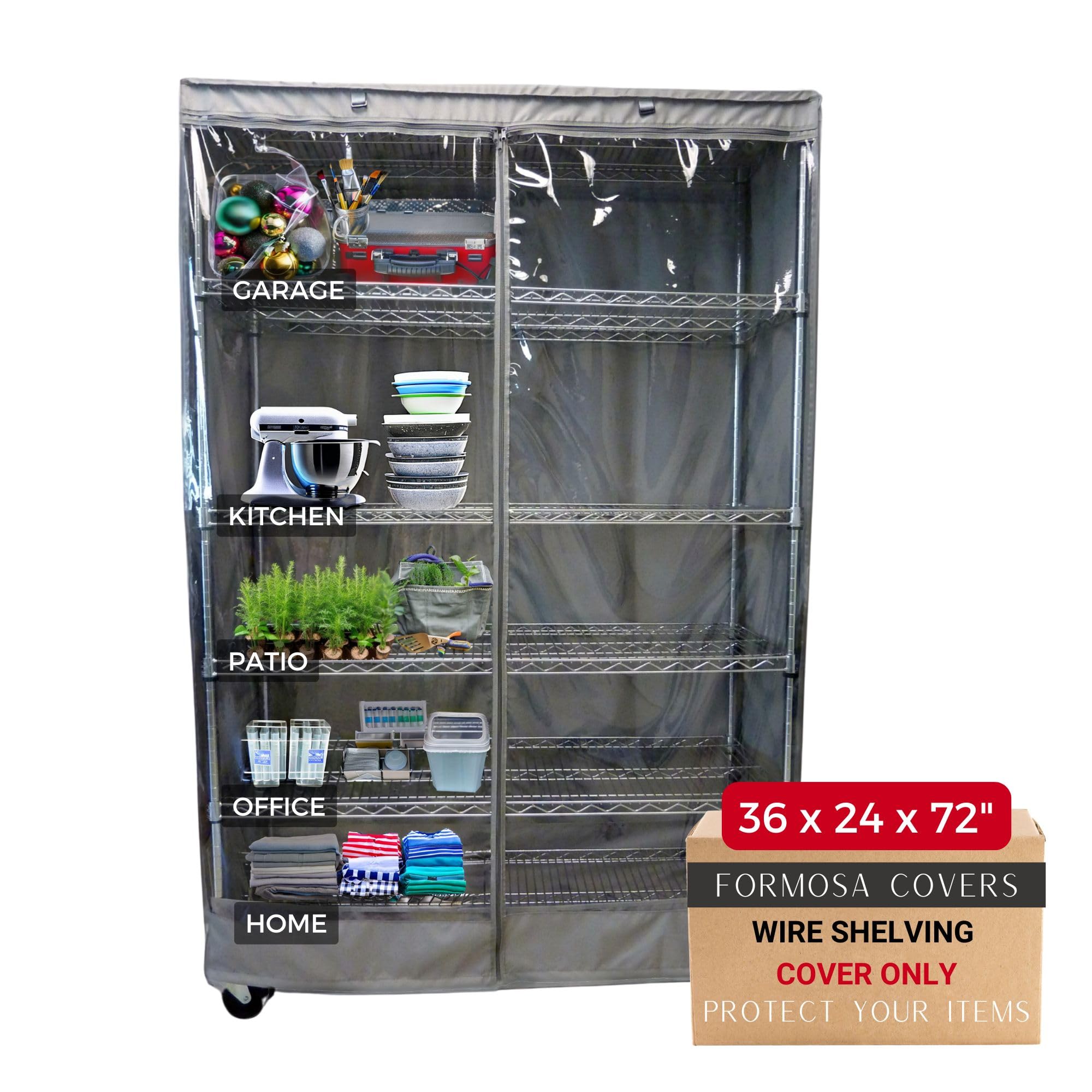 Formosa Covers Premium Clear Front Wire Shelf Cover Grey - Heavy-Duty Storage Solution Wire Rack Cover (36”Wx24”Dx72”H) - Waterproof PVC, Water/Dust Resistant Fabric, Multi Zipper (No Shelf)