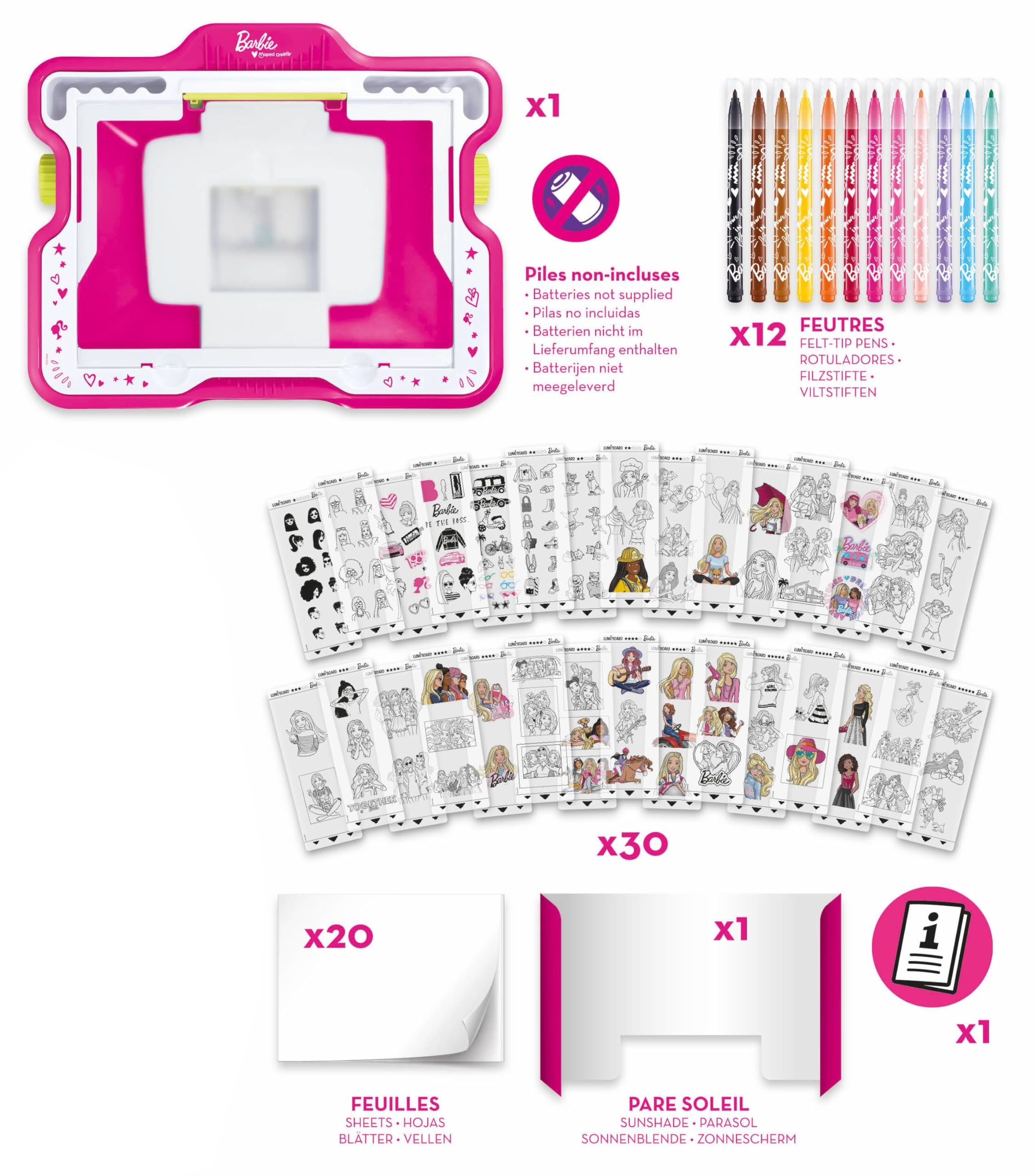 Maped Creativ - Barbie Lumi Board - Stół do rysowania ze światłem - Kolekcja Creativ - 30 szablonów Barbie - Zawiera osłonę słoneczną i markery - od 5 lat