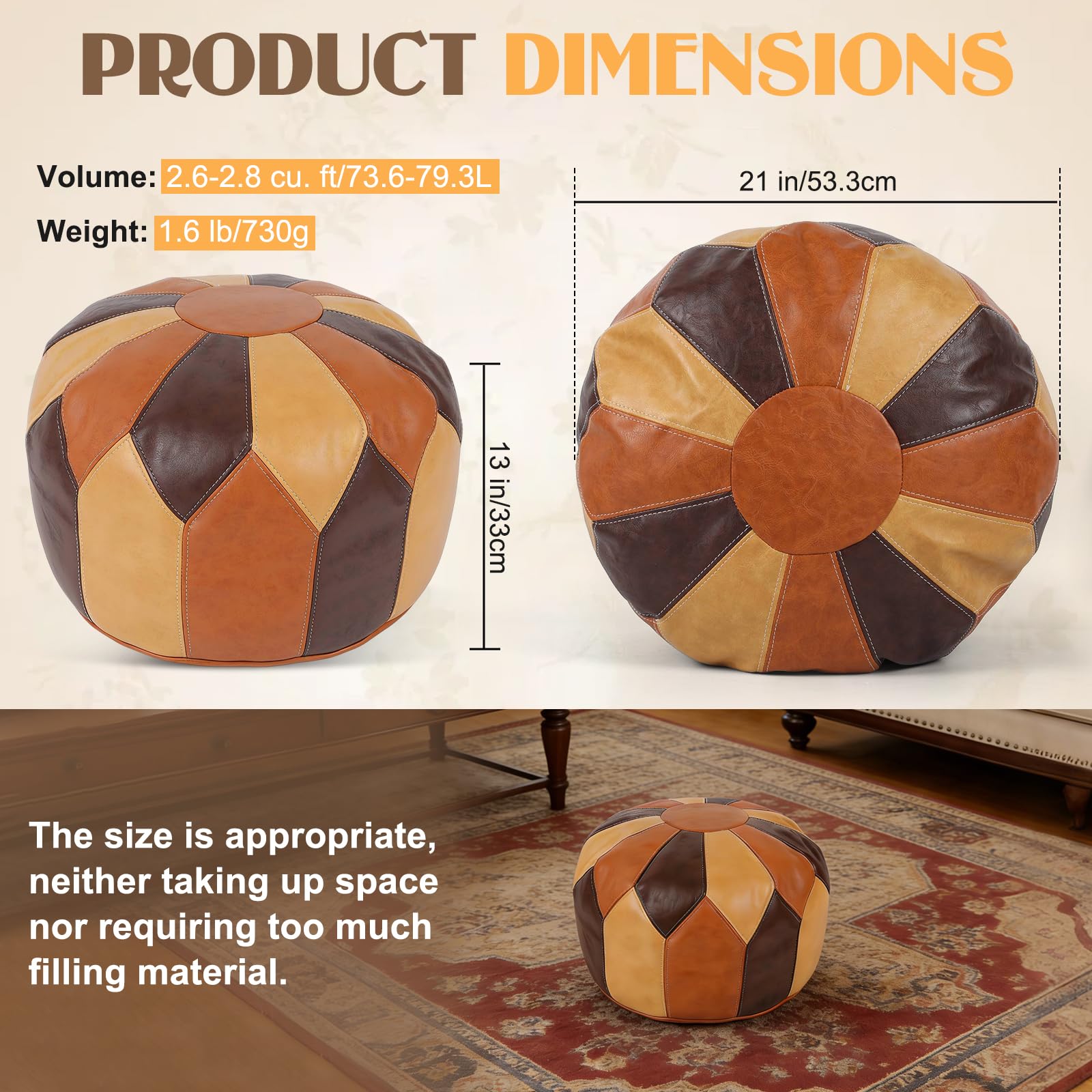 Reposapiés sin relleno de piel sintética, estilo marroquí, alfombra redonda de estilo étnico y acentos decorativos, funda de puf sin relleno adecuada para sala de estar, dormitorio, terraza