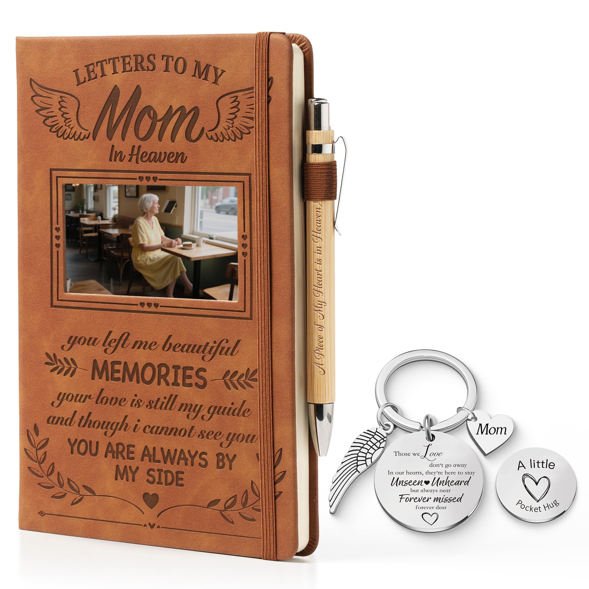 Sympathy Gifts for Loss Of Mom, Letters To My Mom In Heaven Grief Journal for Women, Leather A5 Notebook and Angel Keychain, Bereavement Memorial