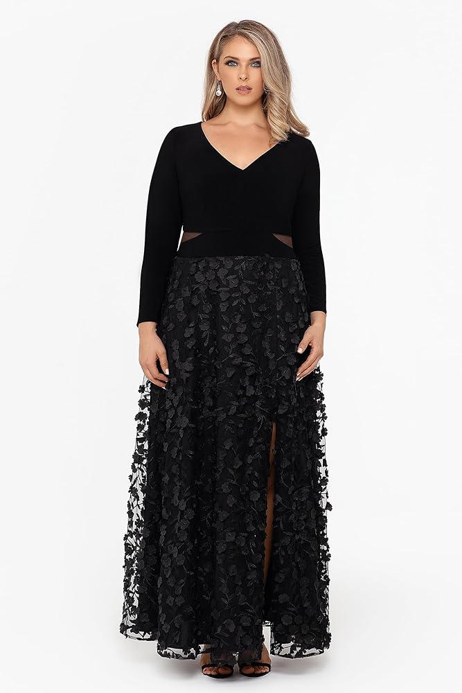 【関税込み】Semper Dresses Xscape Women's Plus Size Long Sleeve V-Neck Floral Skirted