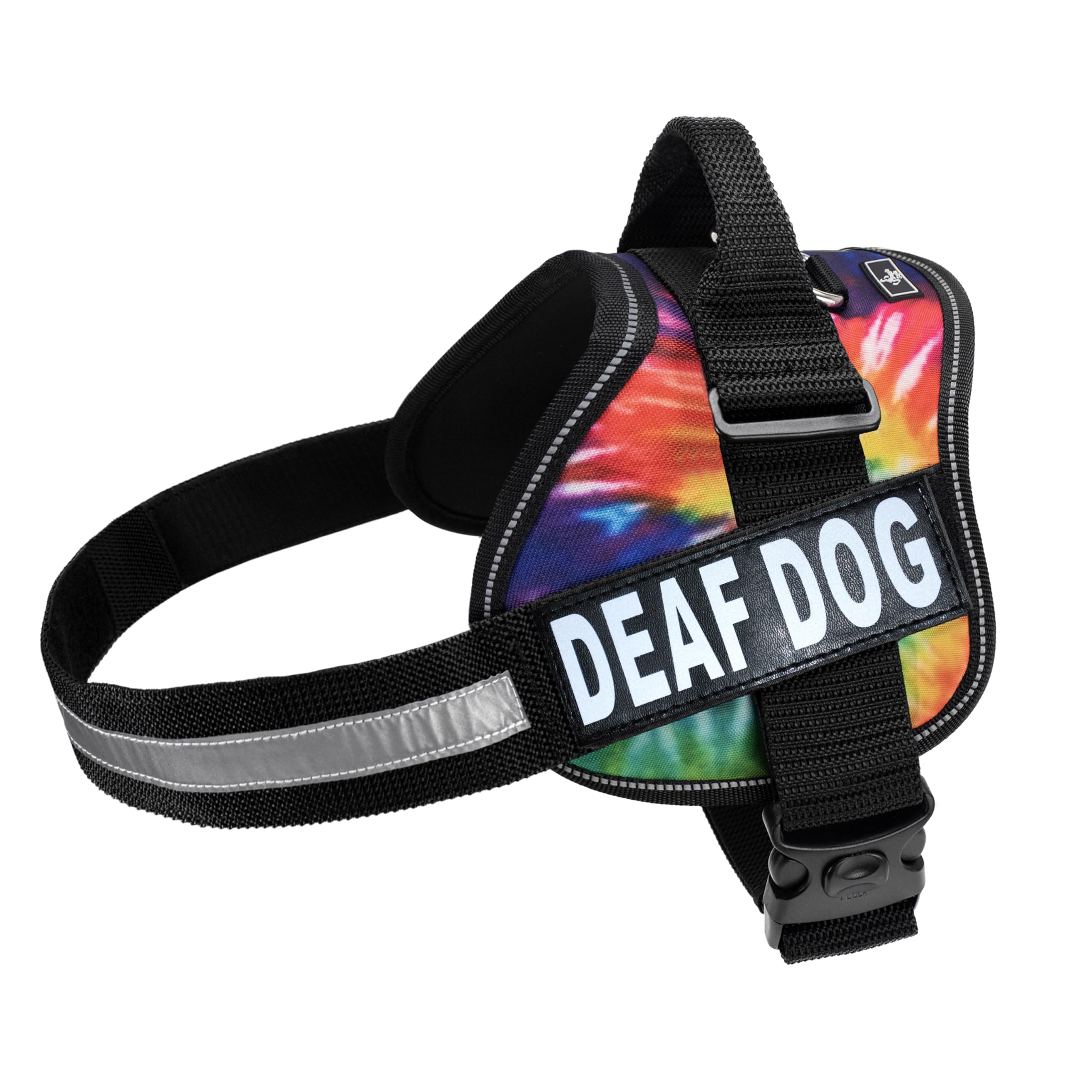 Doggie Stylz Dog Harness with Removable Patches and Reflective Trim. Dog Vest Comes with 2 Deaf Dog Reflective Hook and Loop Patches. Measure Dogs Girth Before Purchase (Girth 30” - 42" Tie Dye)
