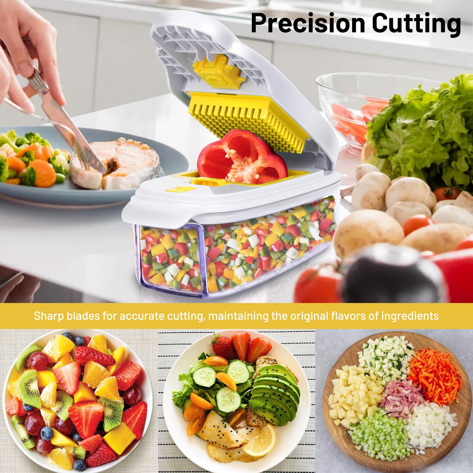 Ergonomic Dicer with 2mm Crinkle Cut for Air Fryer Enthusiasts (White & Yellow 10 in1)