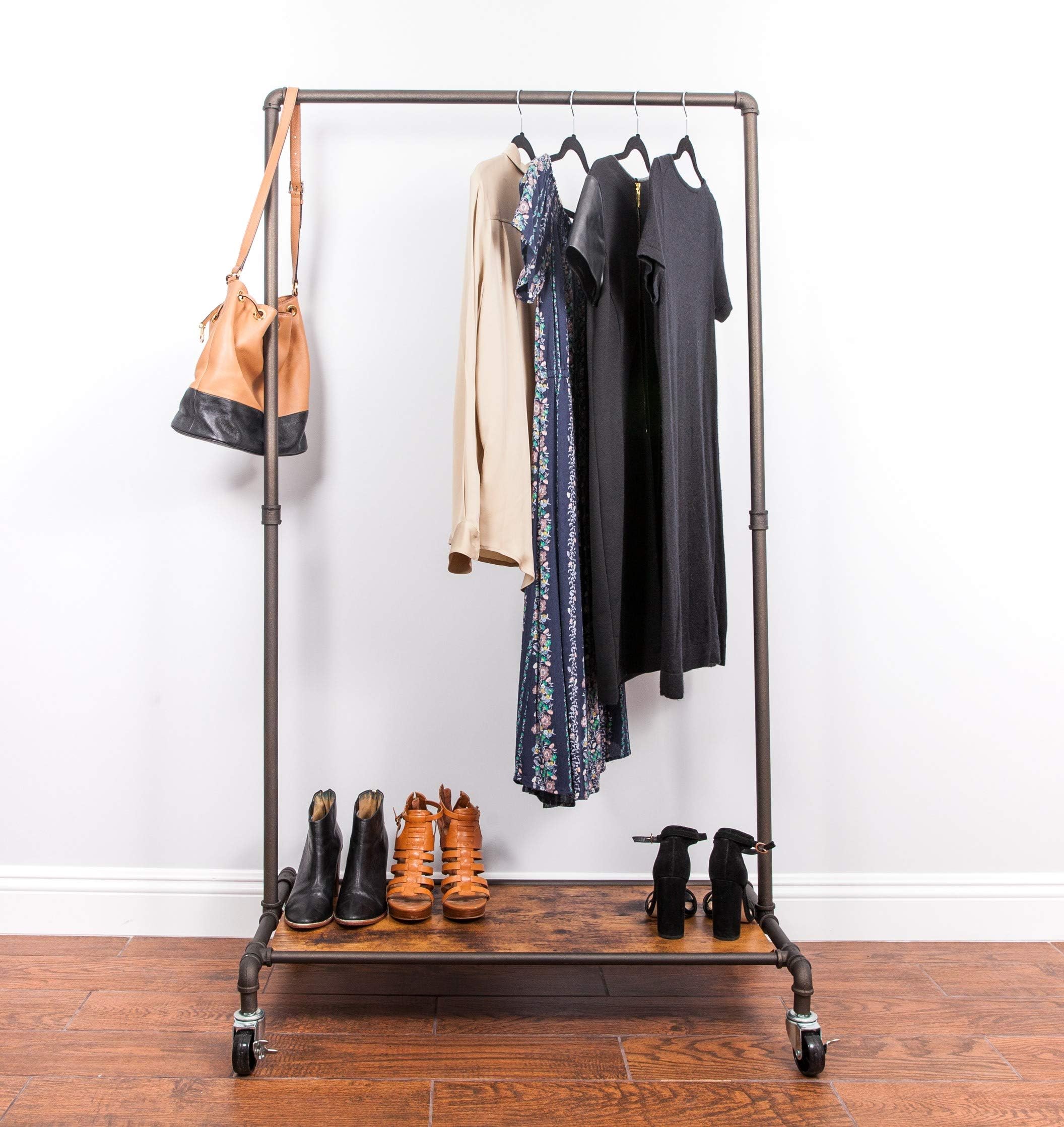 Real Home InnovationsModern Industrial Style Garment Rack with Wood Shelf