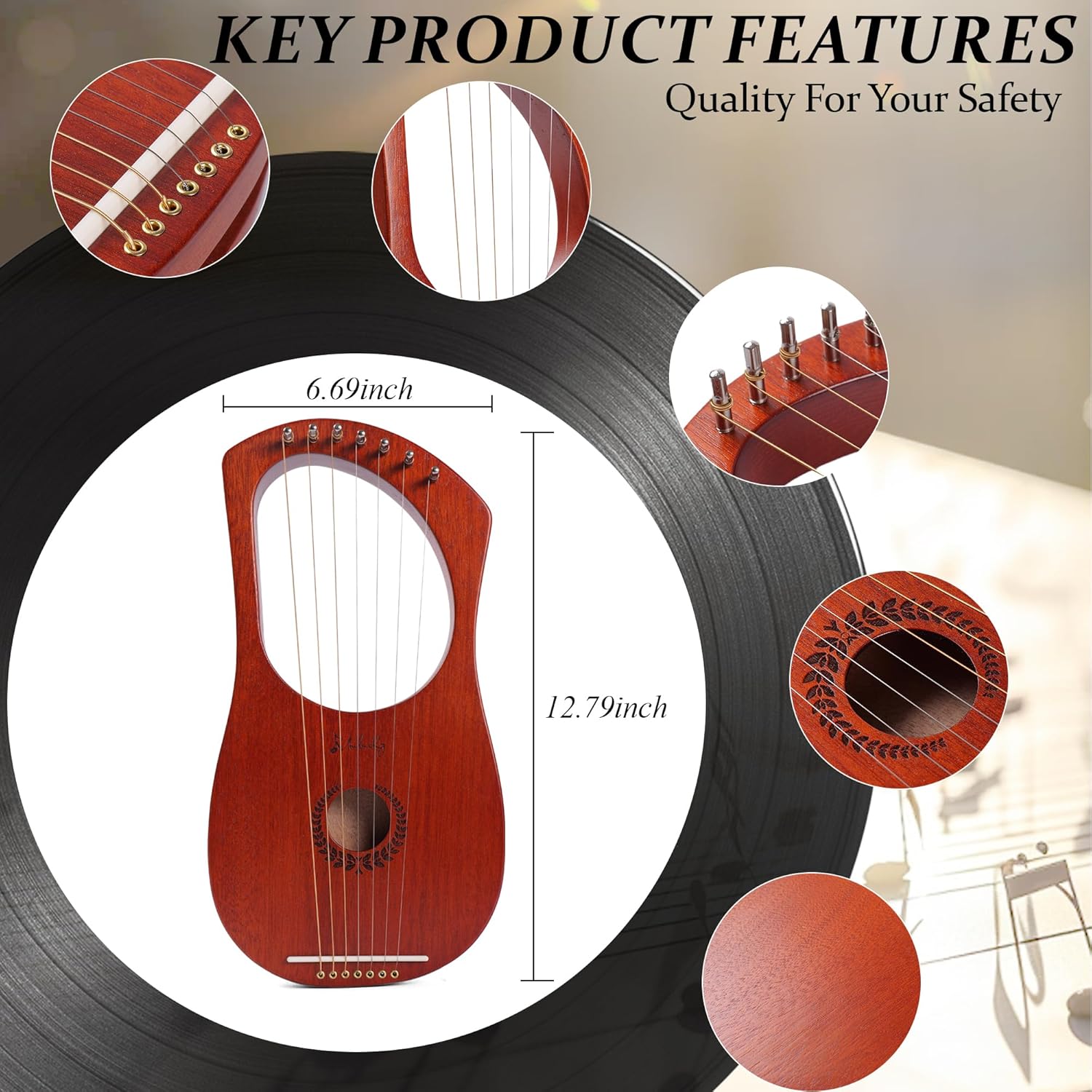 Lyre Harp Mulucky 7 Metal Lyre Steel String Bone Saddle Mahogany Lyre Instrument with Tuning Wrench and Black Gig Bag - MLH701