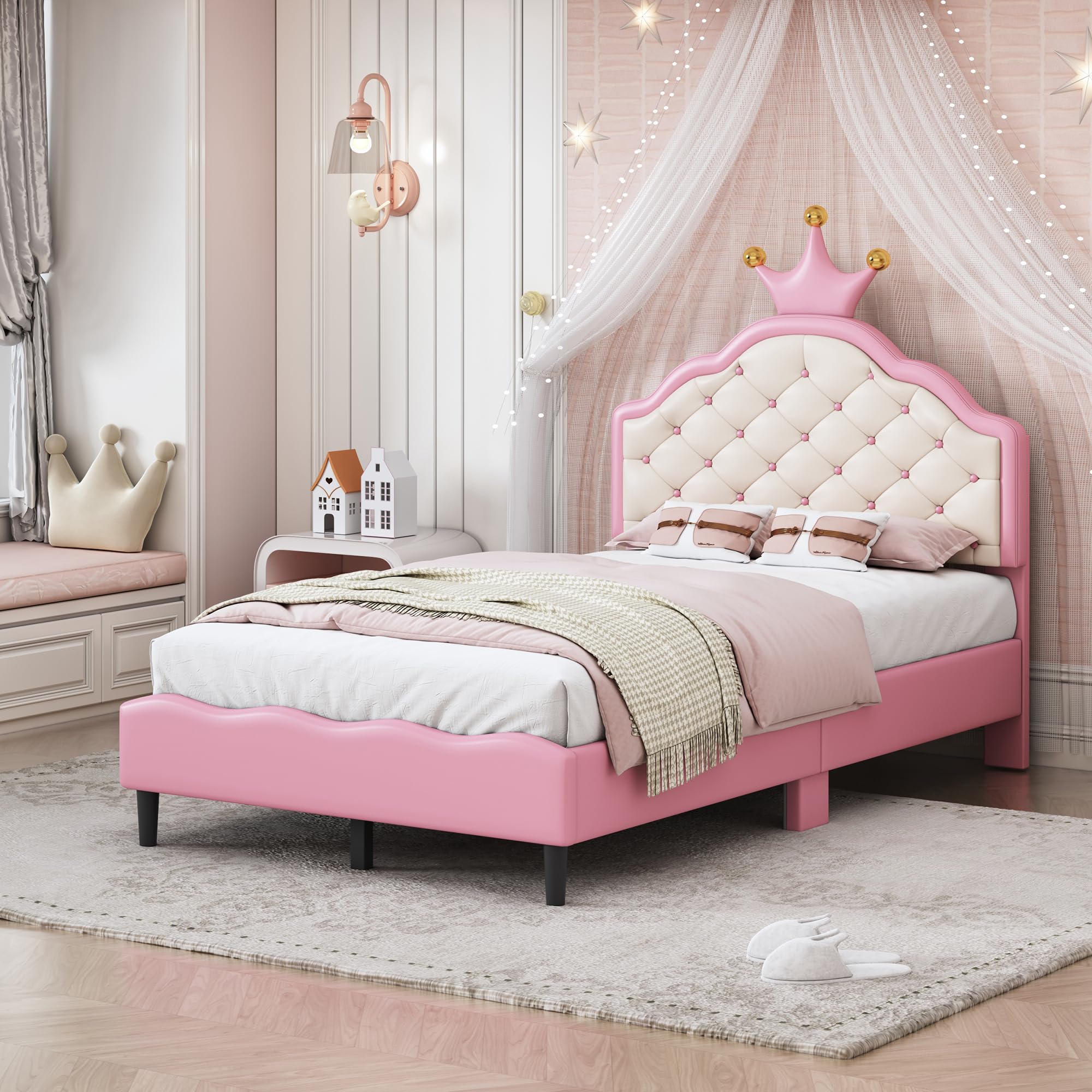 Bellemave Twin Size Princess Bed Frame with Lovely Crown Shaped Headboard for Girls,Upholstered Platform Bed with Slats Support,Twin Girls Bed,Pink
